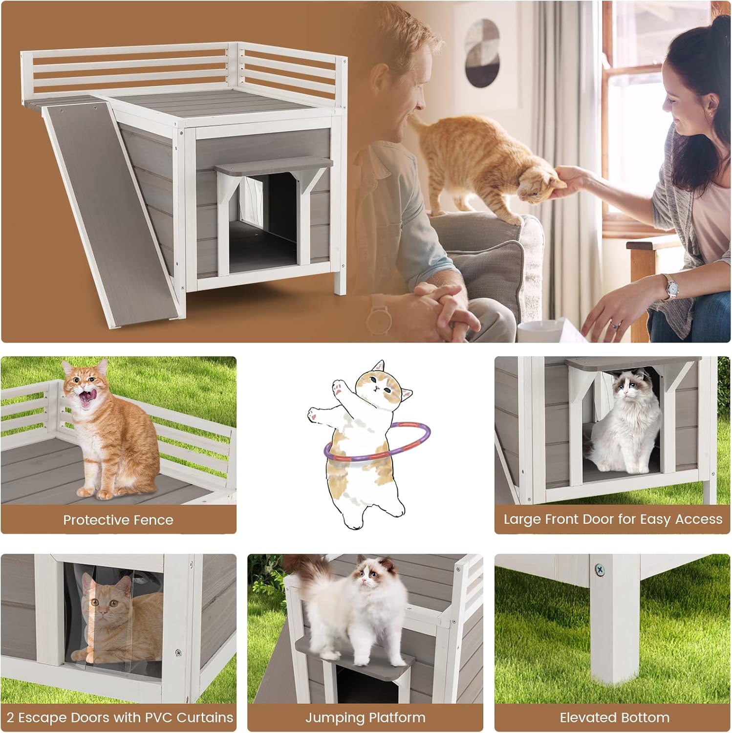 review PETSITE Cat House with Balcony, Climbing Ramp, Escape Doors, PVC Curtains, 2-Story Wooden Dog Room Shelter Cat Condo, All-Weather Puppy House, Indoor & Outdoor Kitten Shelter for Patio, Home, Garden