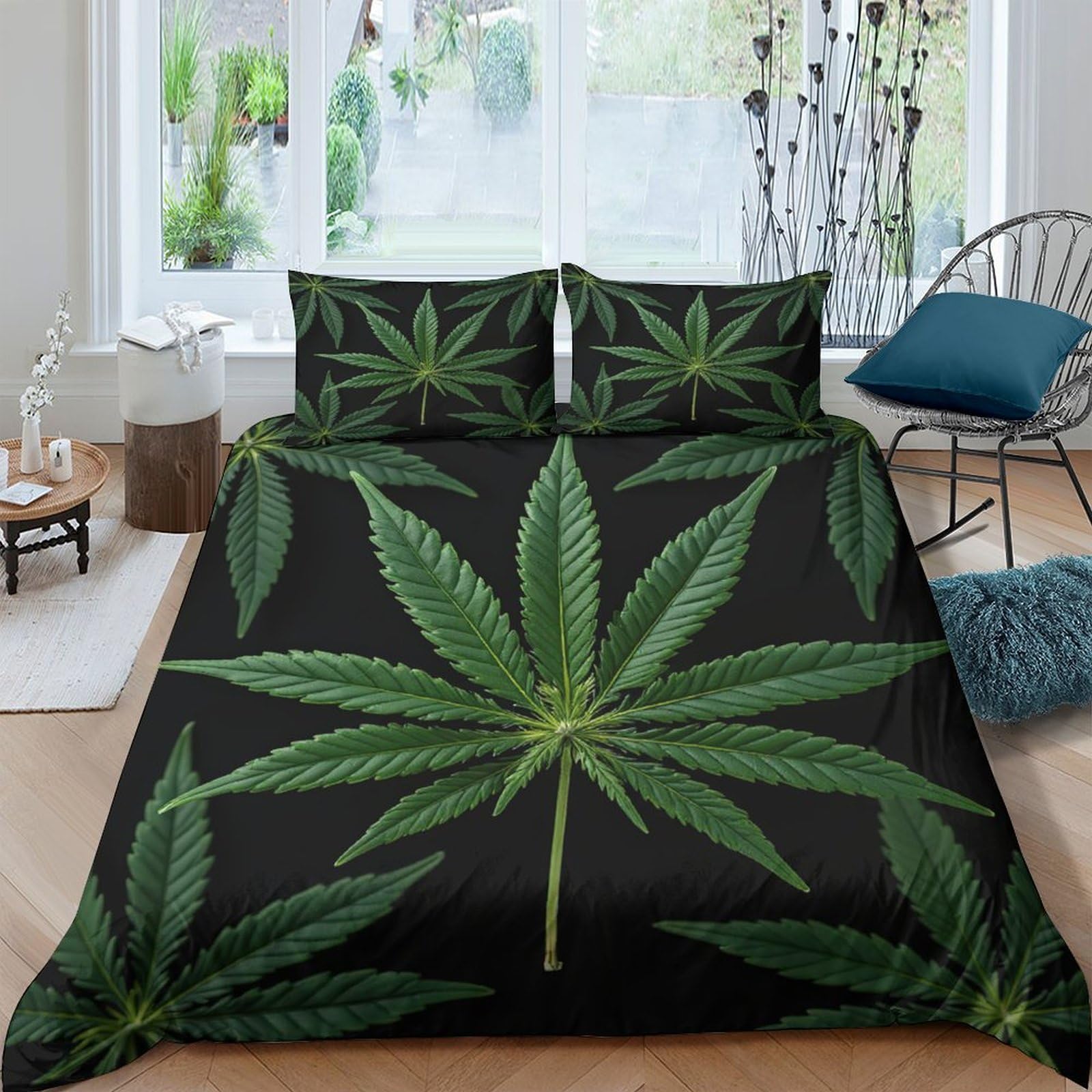 Ctjqhvkz Style-2 3D Printed Cannabis Leaf Fitted Sheet Microfiber Green Botanical Mattress Cover Anti-Slip Bedroom Decor Home Single（135X200cm）