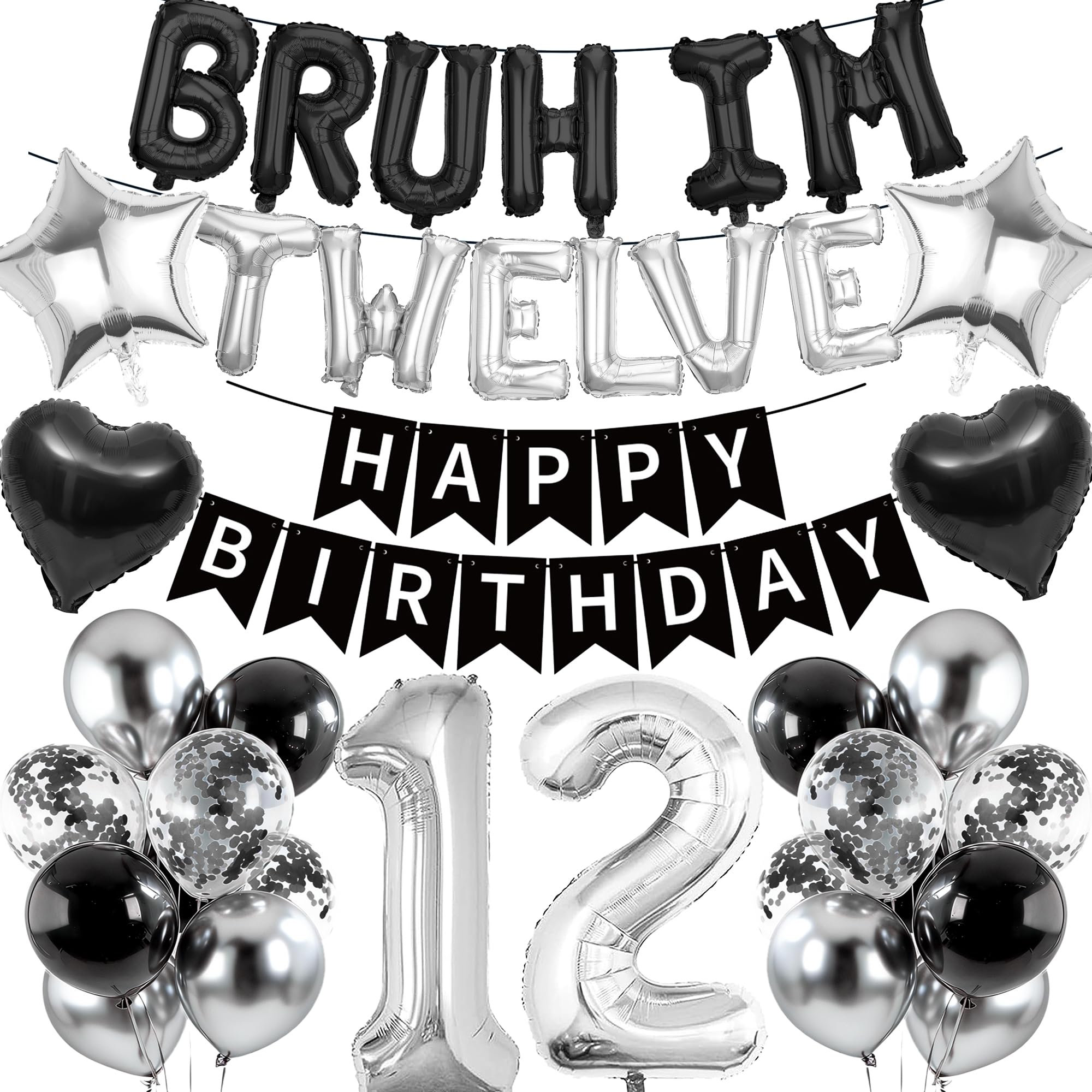 12th Birthday Decorations Banners Boy - 37 Pcs Black Silver Happy Birthday Banner BRUH I'M TWELVE Star Heart Number 12 Foil Balloons Decoration Sequin Balloons for 12 Years Old Boys Party Decor