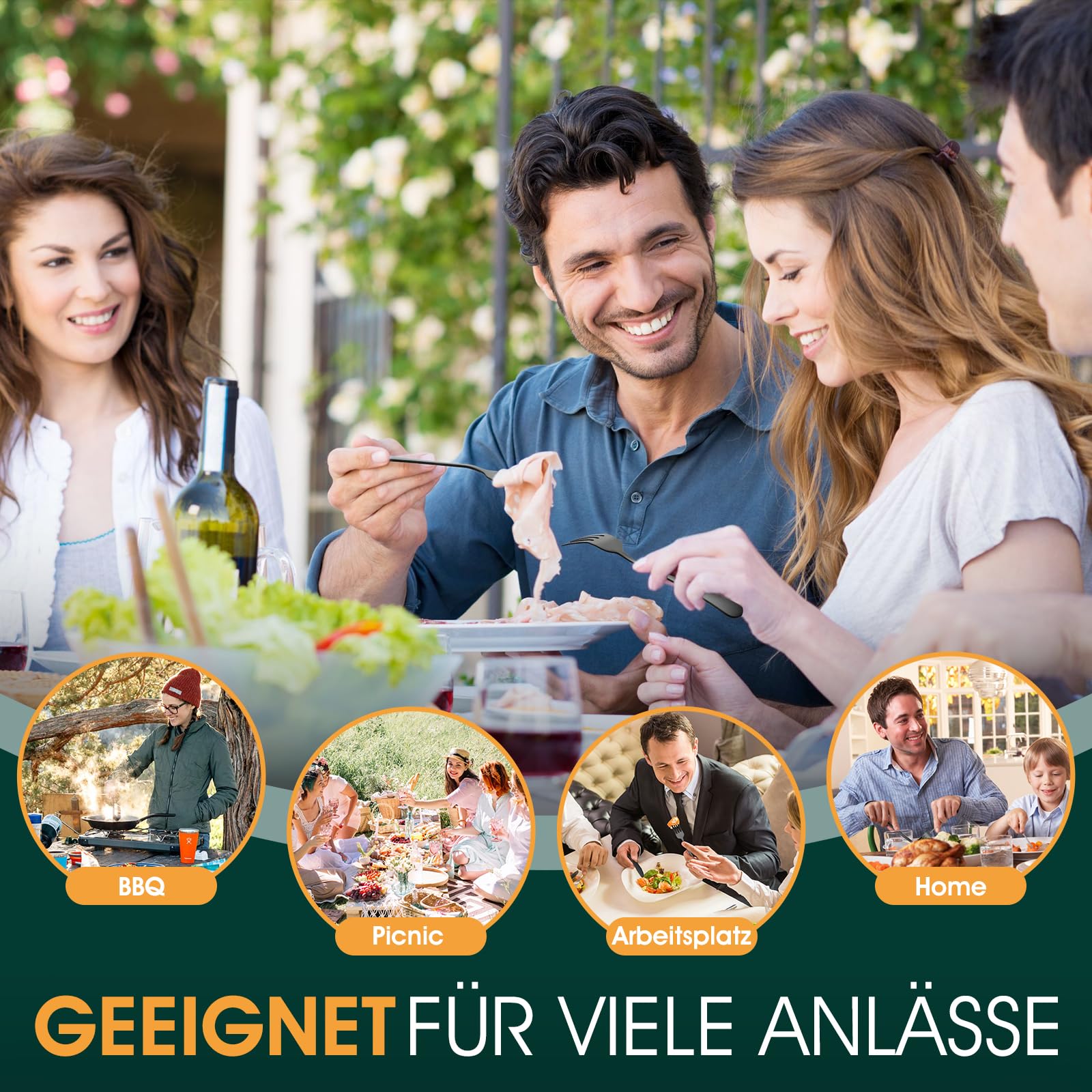 TAN REN Besteck Set Schwarz 8 Personen, 48-teiliges Edelstahl Besteckset mit Steakmesser, Elegantes Essbesteck mit Messer Gabel Löffel, Tafelbesteck für Küche/Restaurant