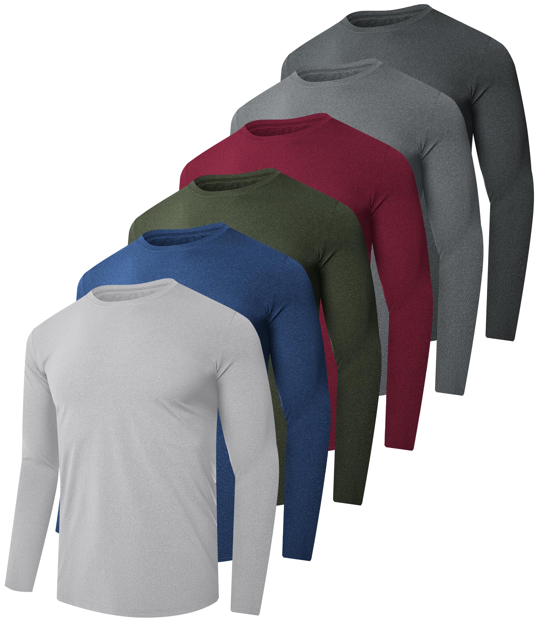 Kinglaman 6 Pack Men's Long Sleeves Dry Fit Shirts, UPF 50+ Rash Guard Swim SPF Fishing UV Sun Protection Shirts