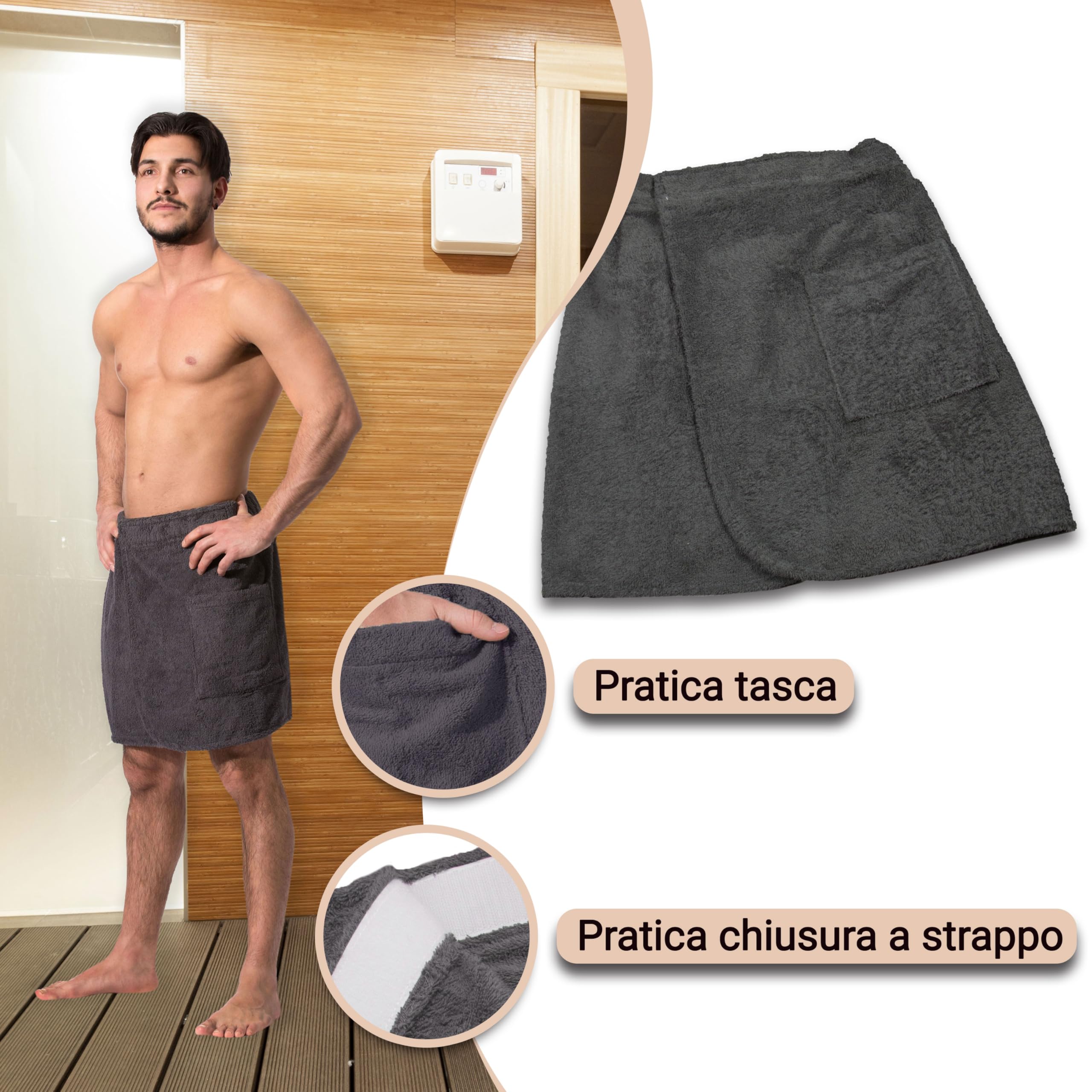 ZOLLNER Kilt da sauna da uomo- grigio - misura L/XL - sensibile sulla pelle e assorbente - cotone - con elastico e chiusura a strappo - lavabile a 60°C - Certificato OEKO TEX (R)