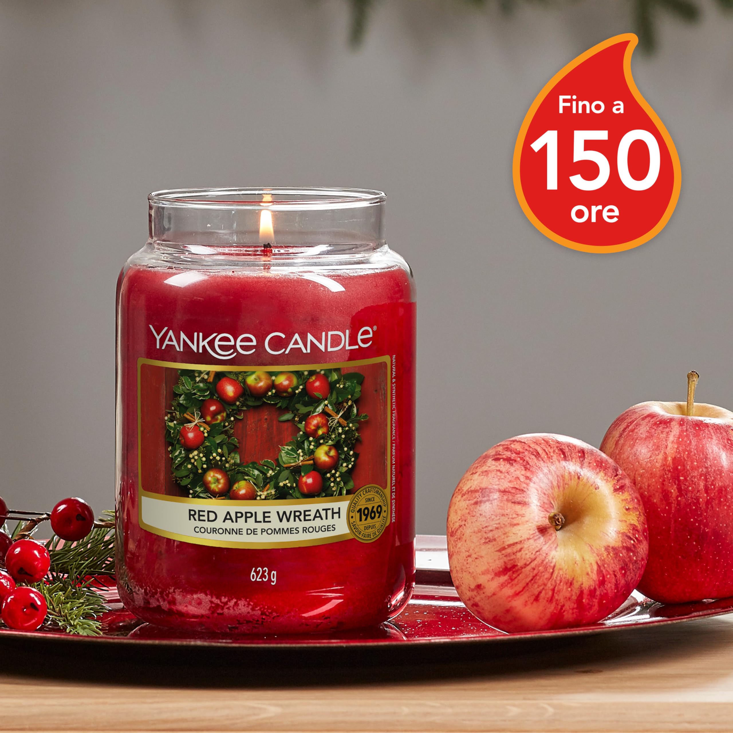 Yankee Candle Candela profumata in giara grande, Red Apple Wreath, Durata Fino a 150 Ore