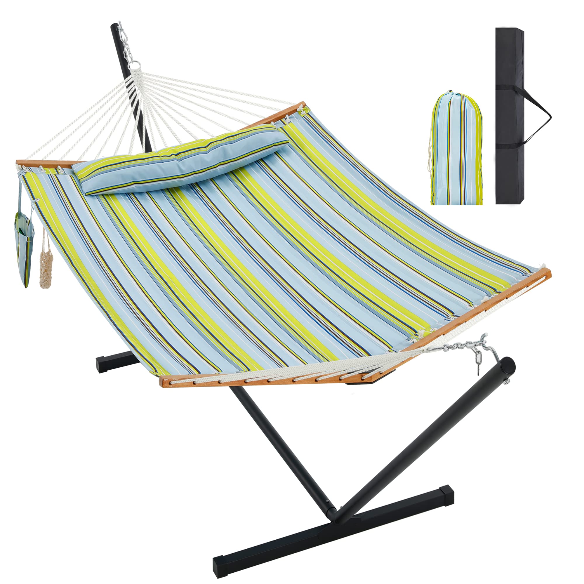 Homgava Two Person Hammock with Stand Heavy Duty, Outdoor Patio Hammock with Portable Steel Stand, Large Double Hammocks,480lbs Capacity. (Light Blue Stripes)