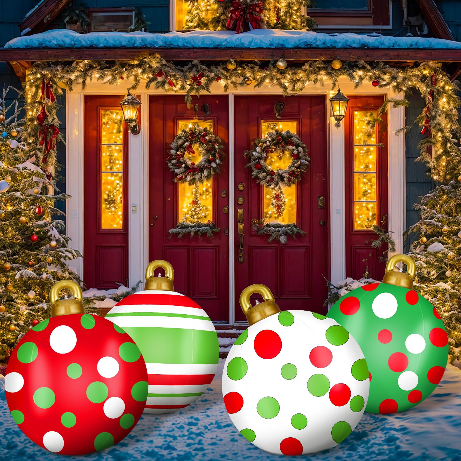 Jetec Lot de 4 grandes boules de Noël gonflables géantes de 81,3 cm en PVC pour l'extérieur, cour, pelouse, porche (rouge, vert, blanc, rayures)