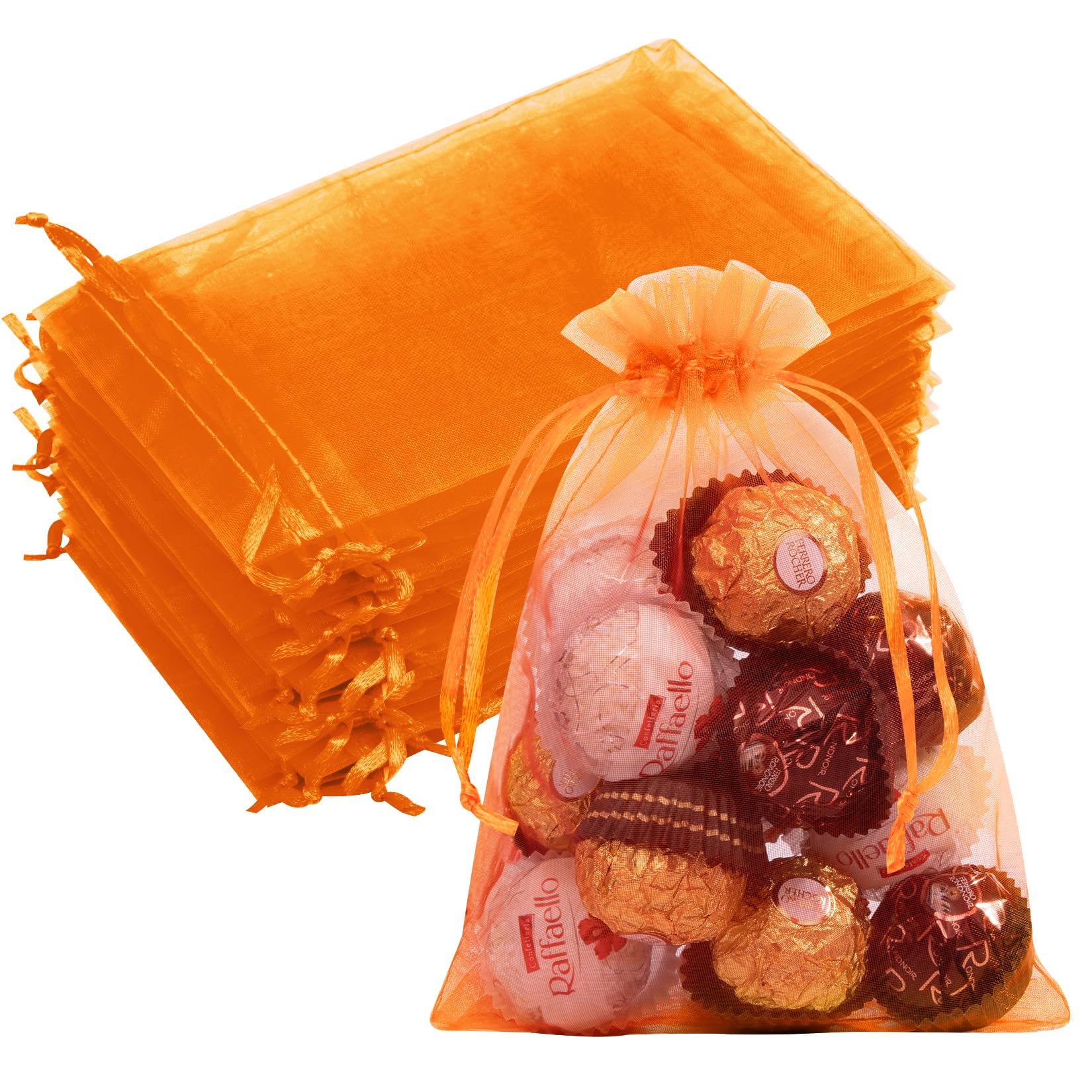 50PCS Orange Organza Bags 5x7, Small Gift Bags Mesh Drawstring Pouches Organza Baggies for Candy Jewelry Treats, Mini Cute Party Favor Bag for Birthday Halloween Christmas Wedding Gifts