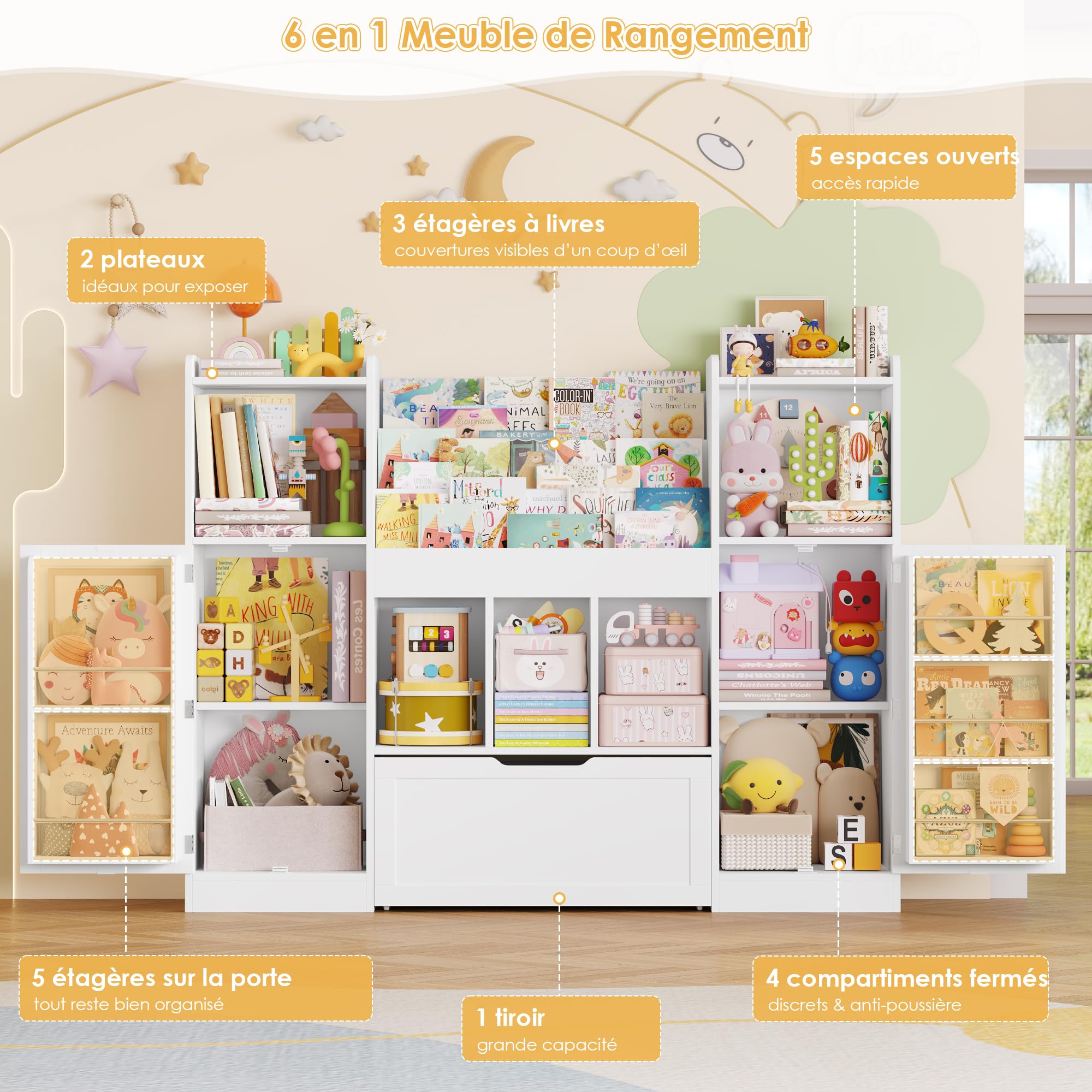 FOREHILL Meuble Rangement Enfant Bibliothèque Enfant 140x30x108.2cm, Blanc | Rangement jouet enfant et livres, 10 rangement derrière 2 portes, 1 grand tiroir roulant, Bibliothèque enfant salle de jeu