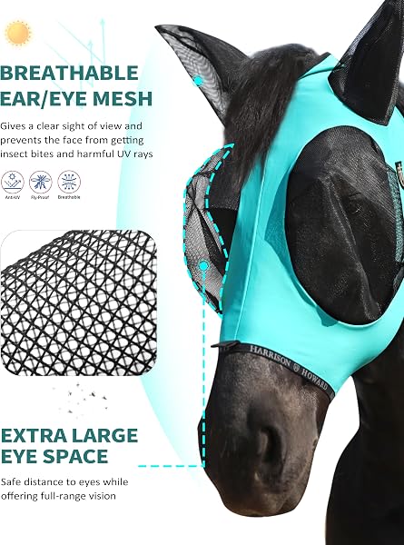 Harrison Howard Maschera antimosche per cavalli con apertura Forelock, traspirante, confortevole per cavalli, protezione UV, verde turchese, M - 2