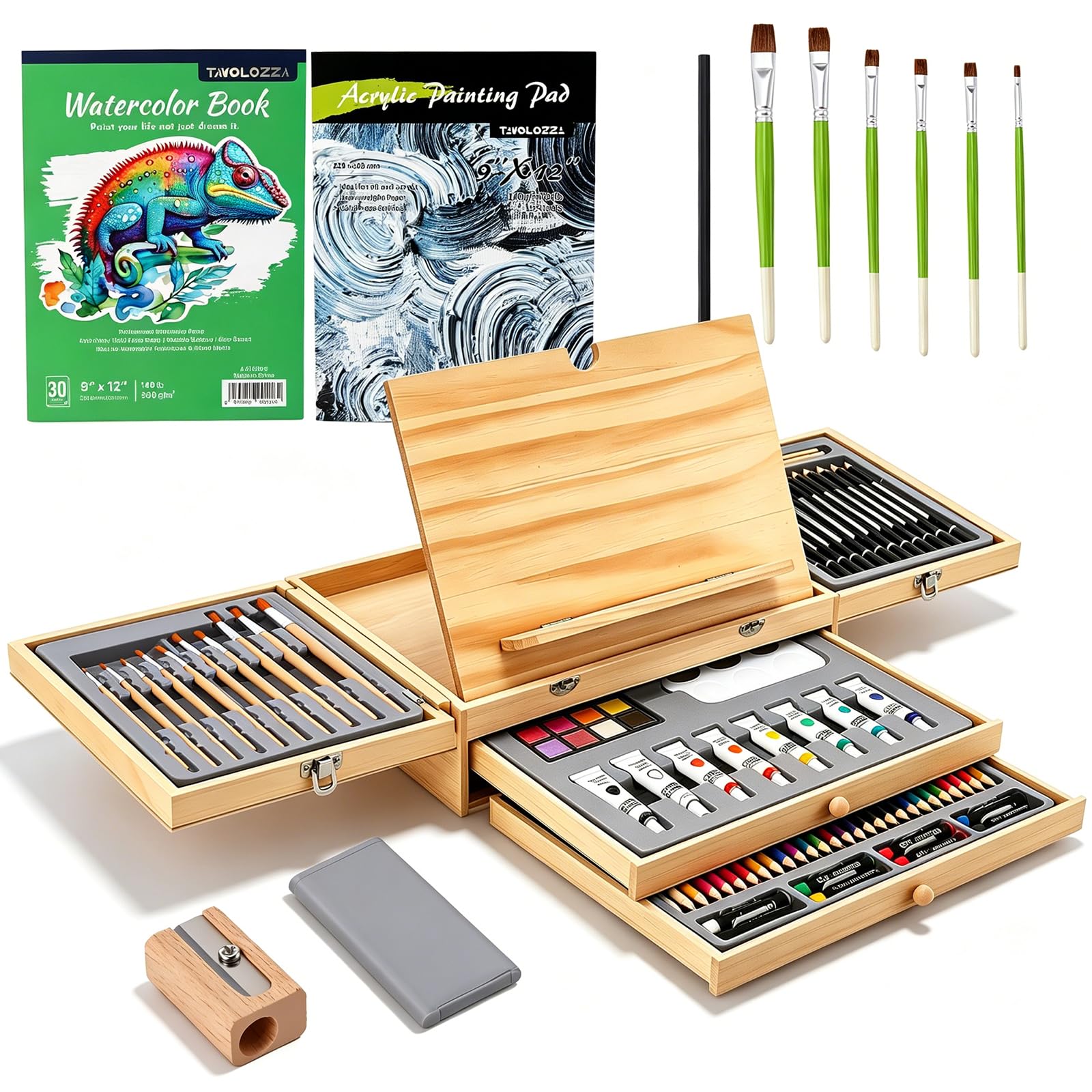 Set da pittura da 82 pezzi con cavalletto da tavolo, set completo di arte per adulti, artisti e principianti, incl. colori acrilici, colori ad acquerello, matite per schizzi, pastelli, pastelli a olio
