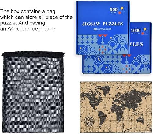 Miniatura 7 de ZENWAWA Rompecabezas de madera de 1000 piezas de impresión de mapa del mundo vintage, Zcon bolsa de almacenamiento de partición del alfabeto, fácil