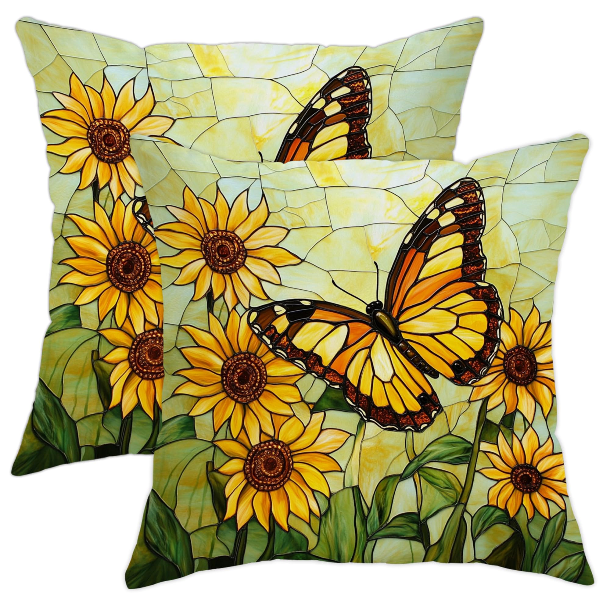 Butterfly and Sunflower Pillow Covers Set of 2, Yellow Floral Decorative Cushion Cases, Spring Summer Outdoor Home Decor for Sofa Couch 20x20 Inch