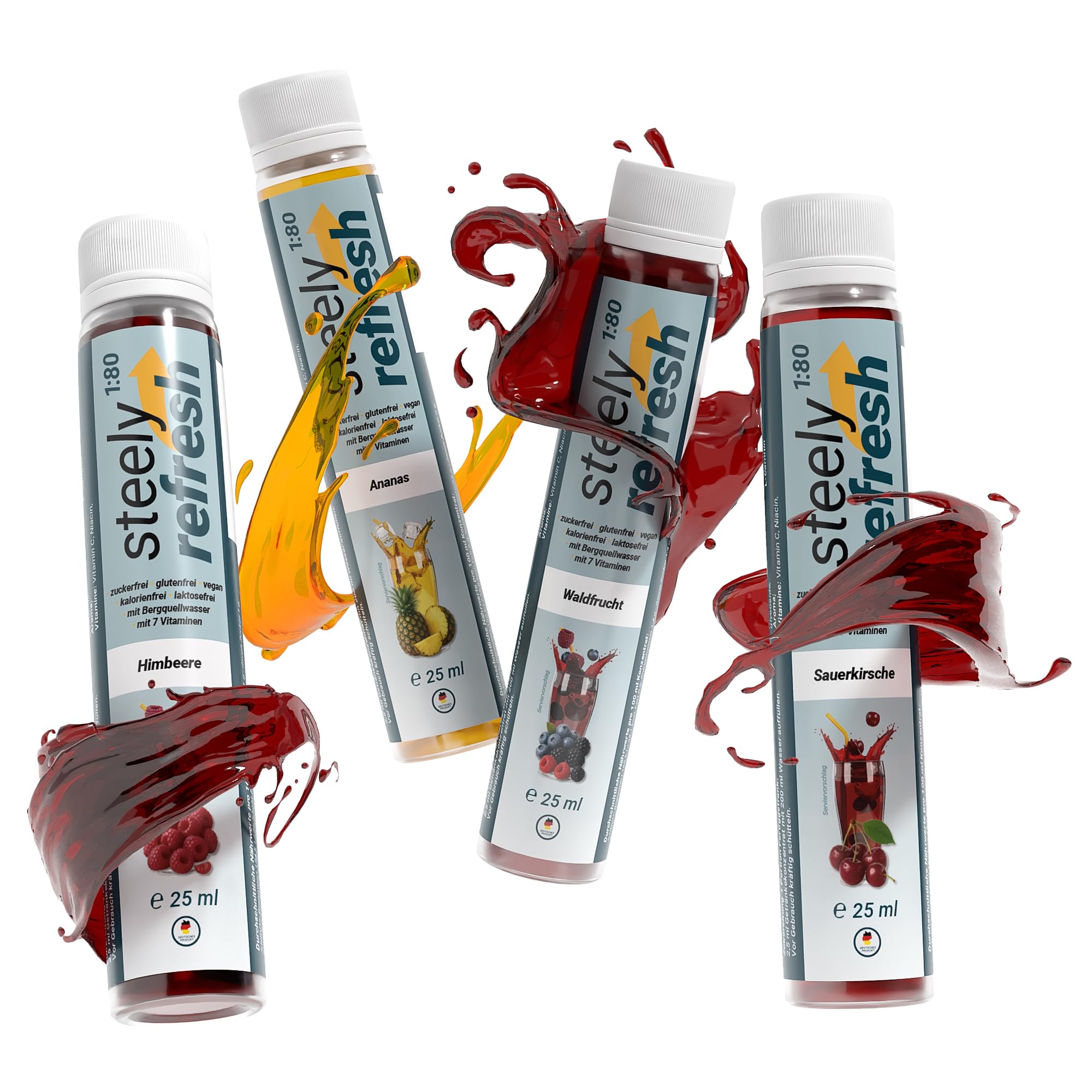 STEELY SPORTS SteelyRefresh Probier-Set Getränkesirup zuckerfrei mit Vitaminen, Sport Getränkekonzentrat 4×25 ml ergibt ca. 8 L, Mix (Ananas, Himbeere, Kirsche, Waldfrucht)