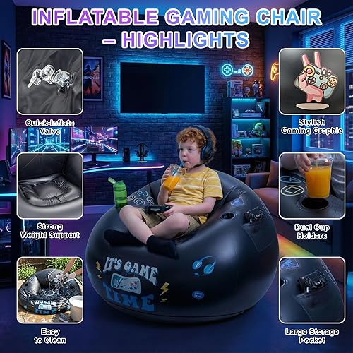 Miniatura 5 de Silla inflable para juegos para niños y adolescentes con portavasos y bolsillo lateral, puf inflable para juegos, cómodo asiento inflable para