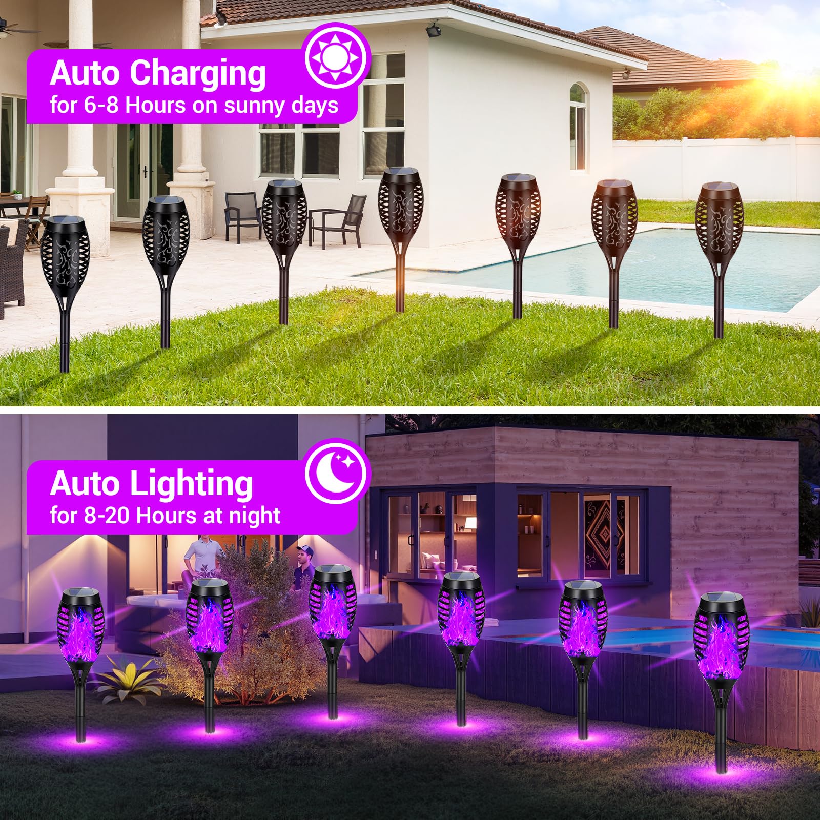 Luces solares para exteriores, decoraciones de Halloween, paquete de 4 luces solares moradas mejoradas con llama parpadeante, luces de Halloween impermeables para exteriores, antorchas Tiki para