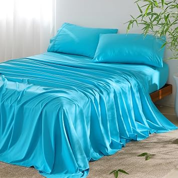 4 Piece Full Size Sheet - Cooling Bed Sheets Set, Blend Rayon Derived from Bamboo, Breathable Soft Hotel Luxury Bedding & Pillowcases, Silky Fit 16 inch Extra Deep Pocket, Oeko-Tex - Aqua