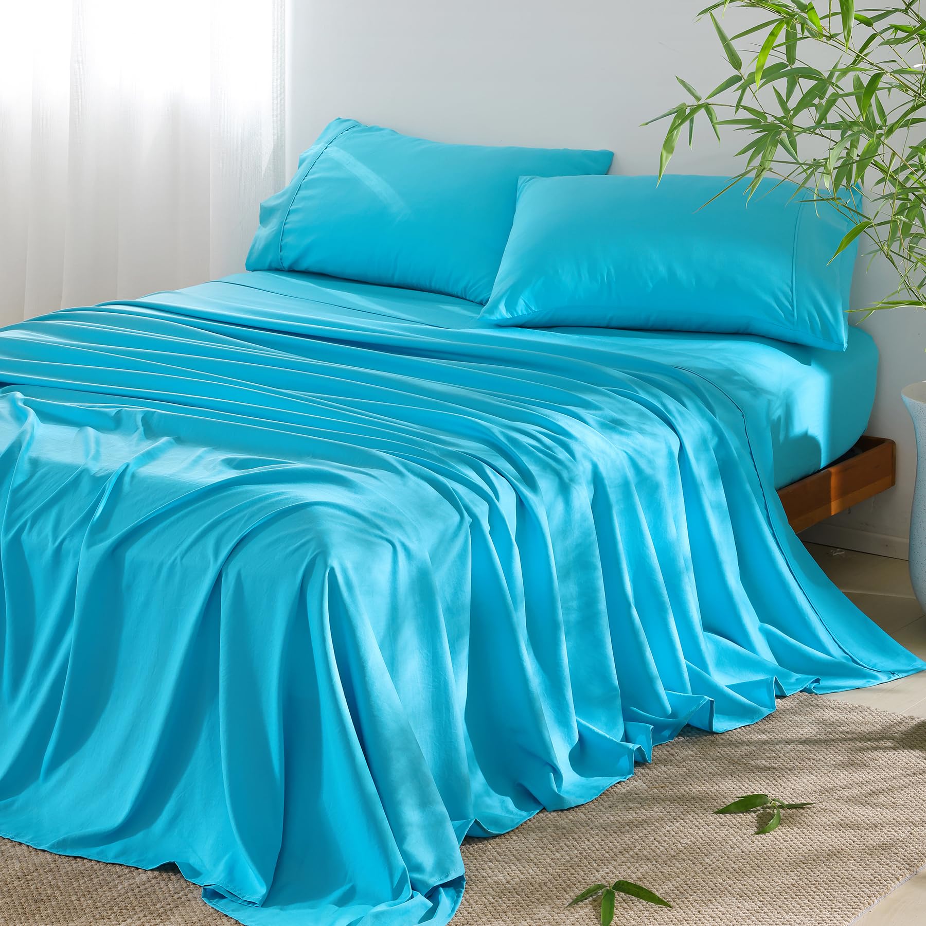 4 Piece Full Size Sheet - Cooling Bed Sheets Set, Blend Rayon Derived from Bamboo, Breathable Soft Hotel Luxury Bedding & Pillowcases, Silky Fit 16 inch Extra Deep Pocket, Oeko-Tex - Aqua