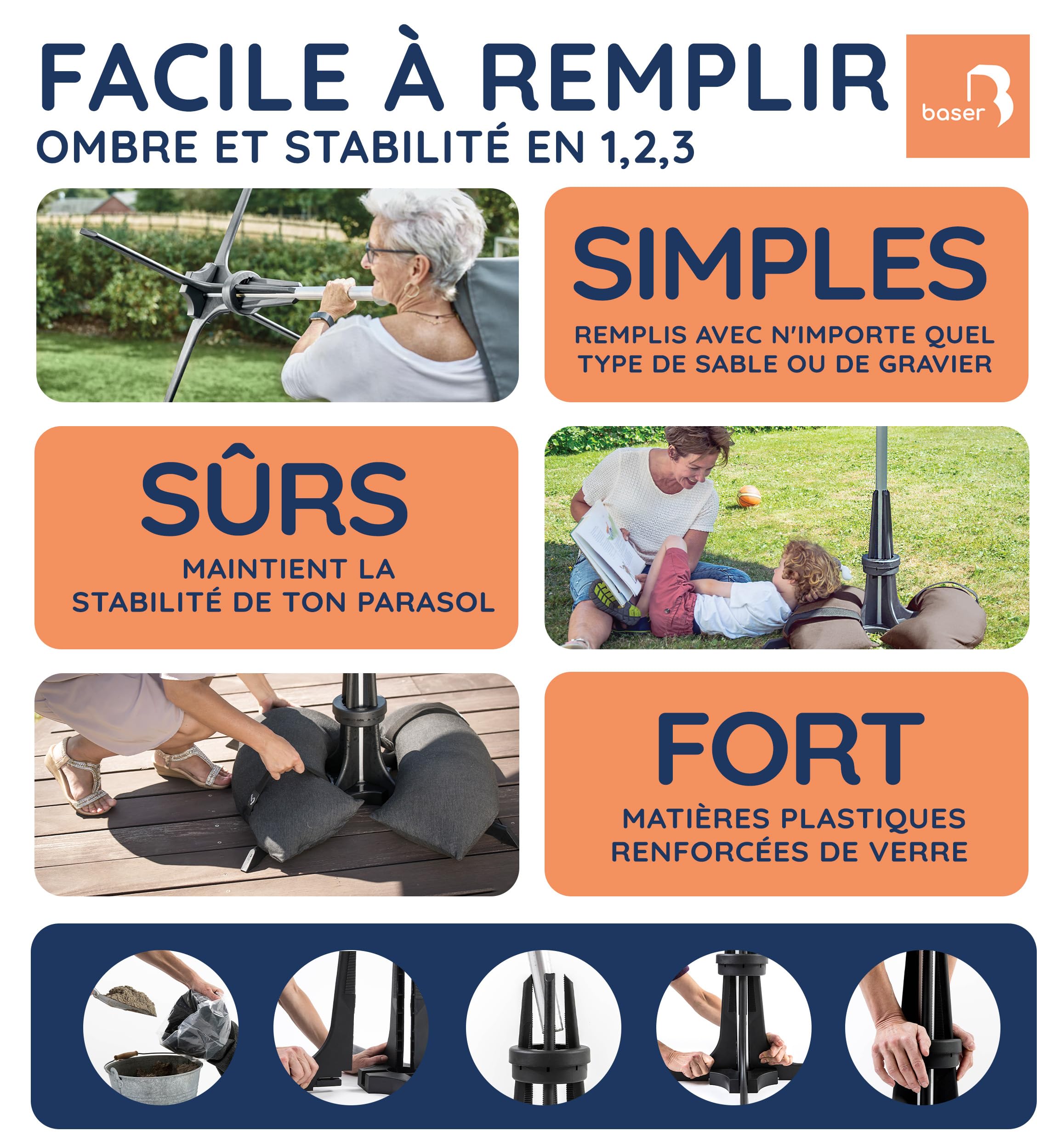 Baser Pied de Parasol avec Sacs de Sable, Base pour Parasol de Jardin Exterieur jusqu'à 3m, Support Lestés 40kg pour Mât 25-48mm, Noir | Support Parasol De Jardin, Base A Remplir De Sable, Fabrique Au Danemark En Materiaux Recycles, Jusqu'a 3 m, Noir, 40