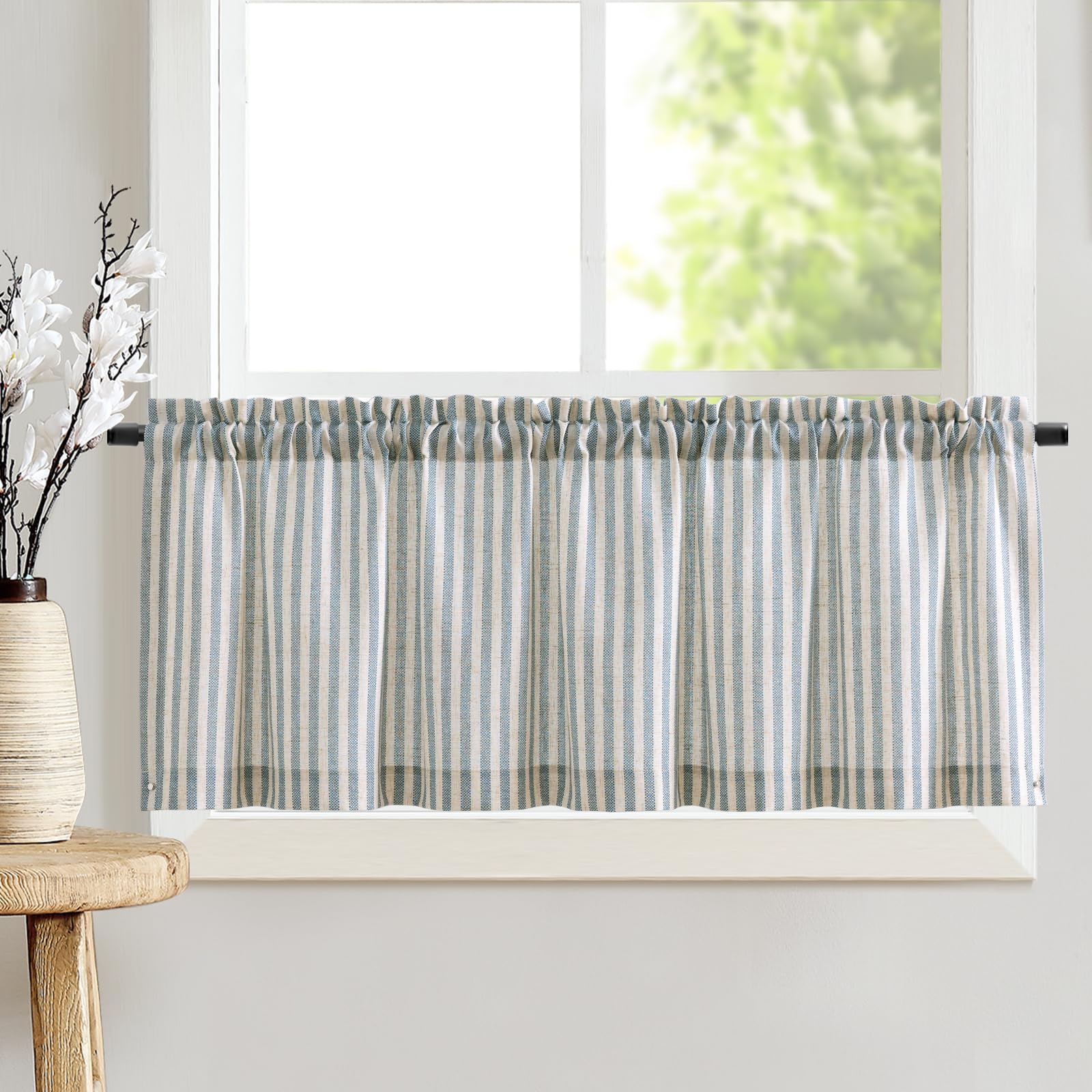 TOPICK Cortina Corta para Ventana con Rayas con Bolsillo para Varilla Opaca Lino Aptas para Cocina Comedor Baño y Pequeñas Ventanas Azul sobre Beige Juego de 1 Unidades 125 x 40 cm