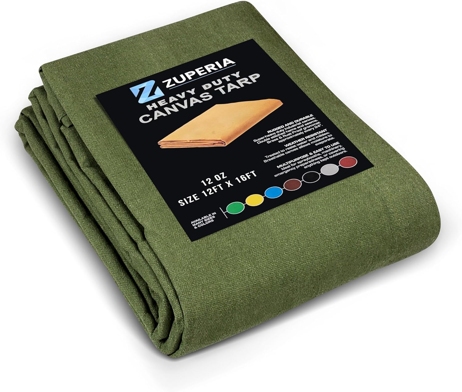 Zuperia 1 Pack Canvas Tarp 12 x 16 ft, 12 Oz, with
