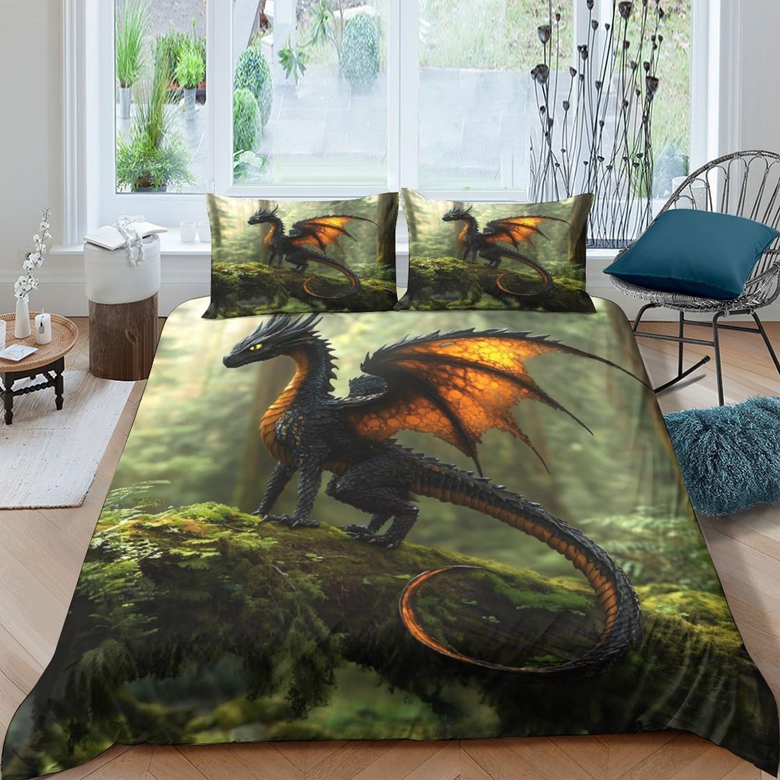 Ctjqhvkz Style-3 3D Printed Dragon Fantasy Fitted Sheet Microfiber Soft Orange Wings Forest Mattress Cover Bedroom Decor Single（135X200cm）