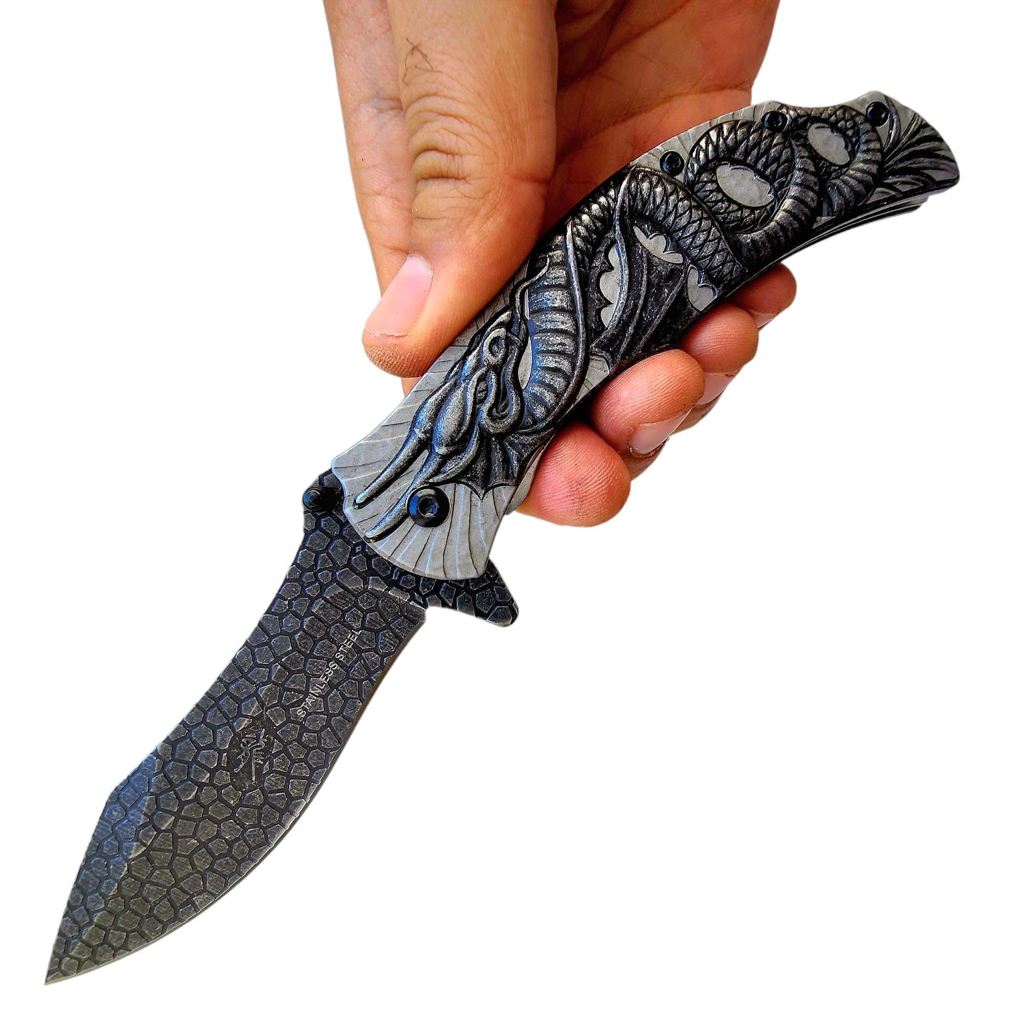 8.3" Fantasy 3D Engraved Dragon Sculptured Folding Pocket Knife Sharp Blade Camping Survival Hiking Knives, for Outdoor Hunting It Is the Coolest Folding Knife You'll Ever See! Makes a Great Gift! (Stone Wash)