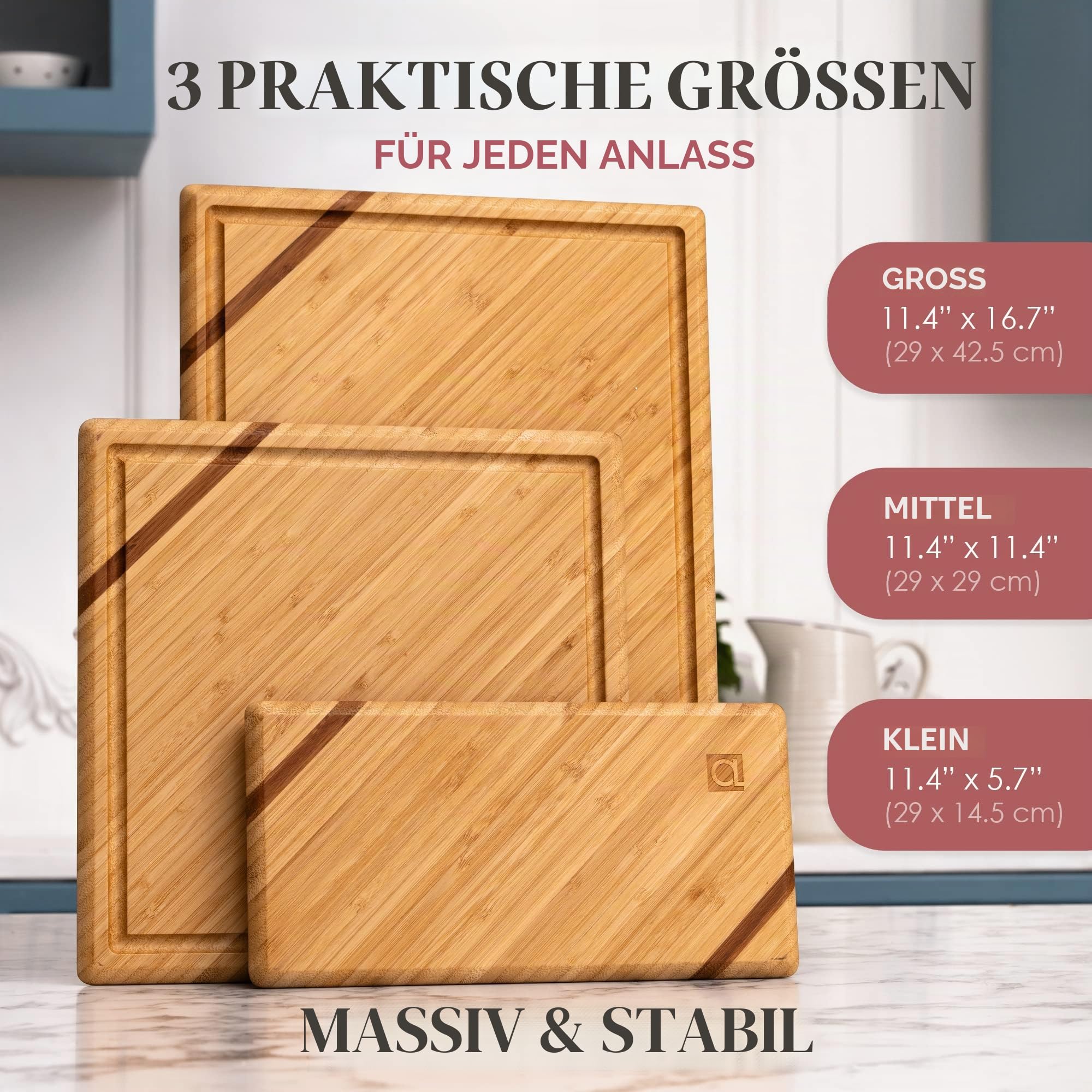 Chorus Schneidebrett Holz (3er Set) - Luxuriöses Bambus Holzbrett Küche, Tranchierbrett, Küchen Schneidbretter mit Saftrille für Fleisch, Gemüse, Käse (Premium Chic Bamboo)
