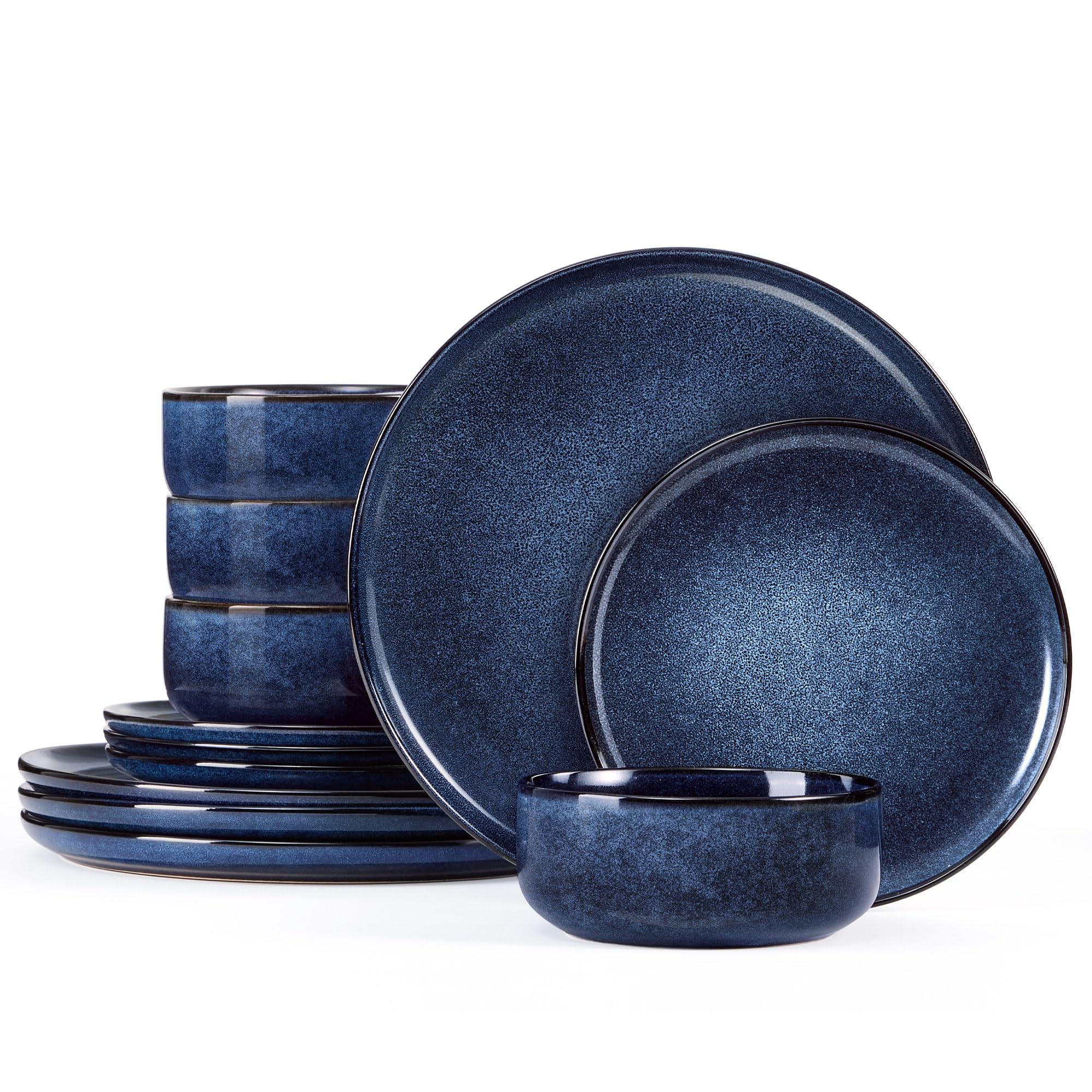 Homikit 12 Piece Dinner Set, Reactive Glaze Kitchen Dinnerware Sets for 4, Elegant Stoneware Included Plates and Bowls, Non-Scratch & Sturdy, Dishwasher & Microwave Safe, Nebulas Blue