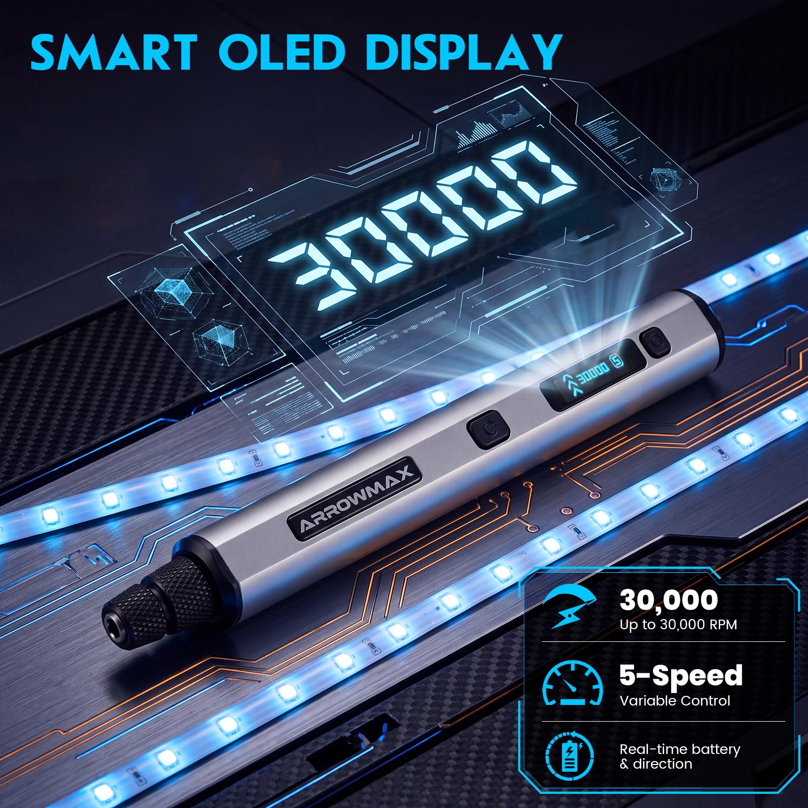 ARROWMAX Mini herramientas multifunción con OLED, 30000 rpm, lápiz de grabado con 30 puntas para metal, madera, vidrio y plástico, juego de grabado para adolescentes, adultos y principiantes