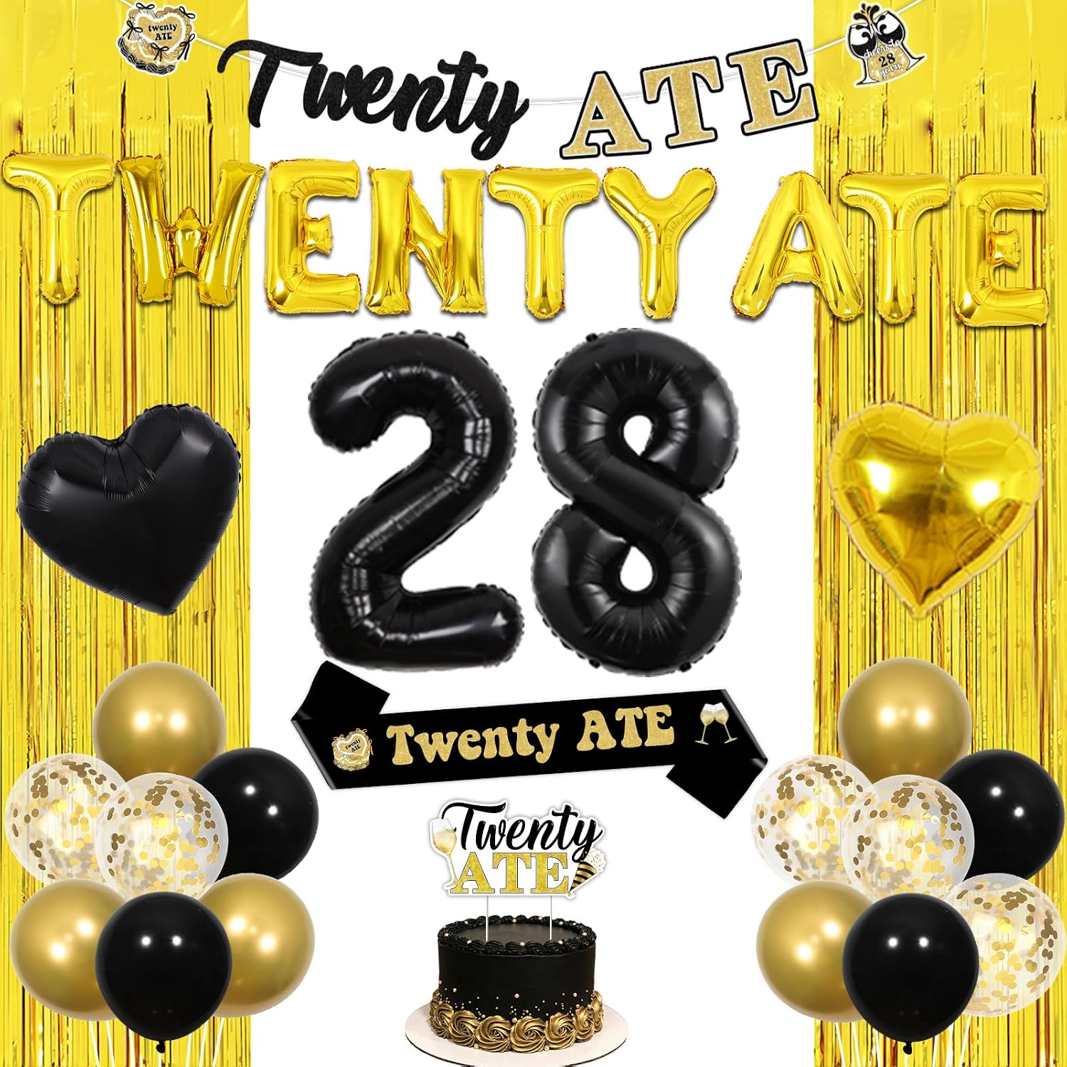 28th Scripta Balterever Twenty Ate 28th Birthday Party Decorations Black Gold Rain ...