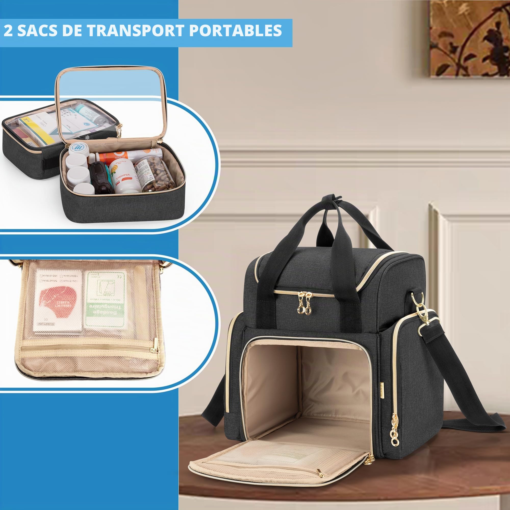 Luxja Grand Sac de Médecine avec 2 Étuis Amovibles, Sac de Rangement de Médicaments avec Plusieurs Sections de Rangement (Adaptées aux Voyages ou à la Maison), Noir
