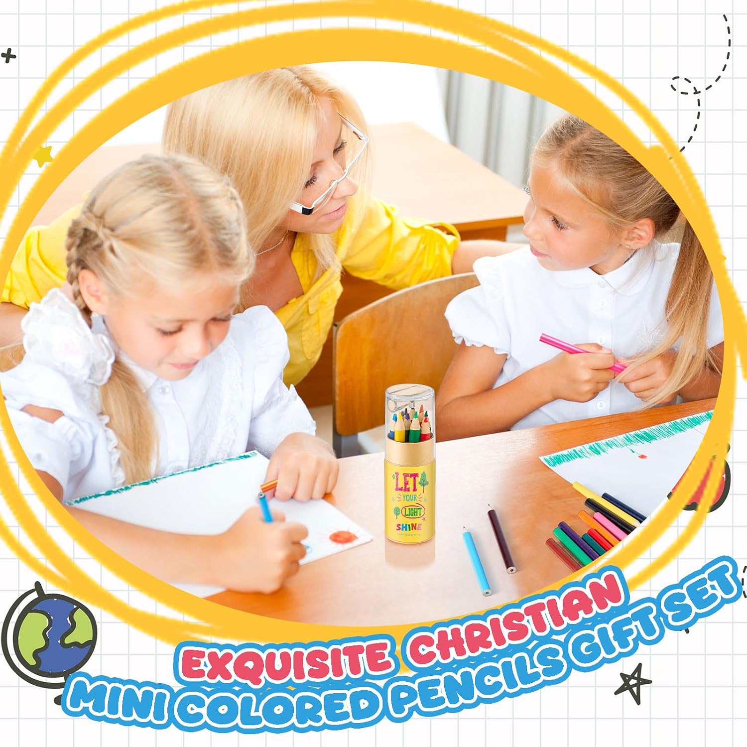 Tenceur 24 PCS Christian Mini Drawing Colored Pencils Gift with Sharpener Christmas Gift Bulk 12 Color Bible Religious Pencils Bulk Sunday School Back to School Gifts for Students Kids Art Classroom