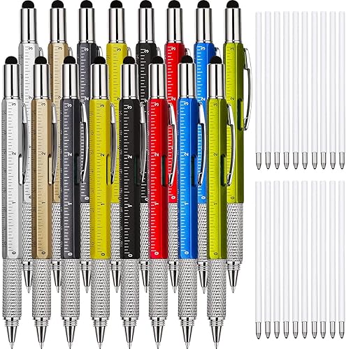 Zhanmai 16 Pieces Gift Pen Tool Pen 6 in 1 Multitool Tech Tool Pen with Ruler Levelgauge Ballpoint Pen and Pen Refills Unique Gifts for Men