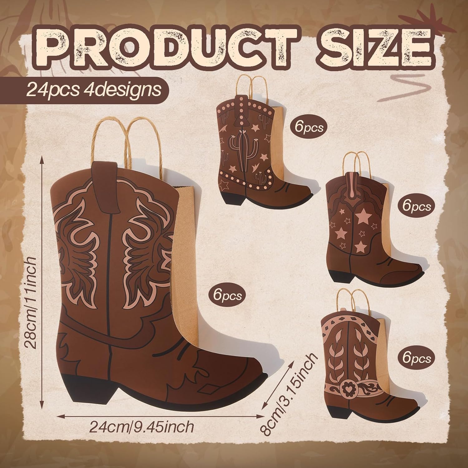 Tioncy 24 Pcs Cowboy Cowgirl Boots Paper Bags Western Theme Party Decorations Wild West Kraft Gift Bags with Handle Rodeo Boot Goodie Bag for Bachelorette Last Rodeo (Classic Style,Brown)