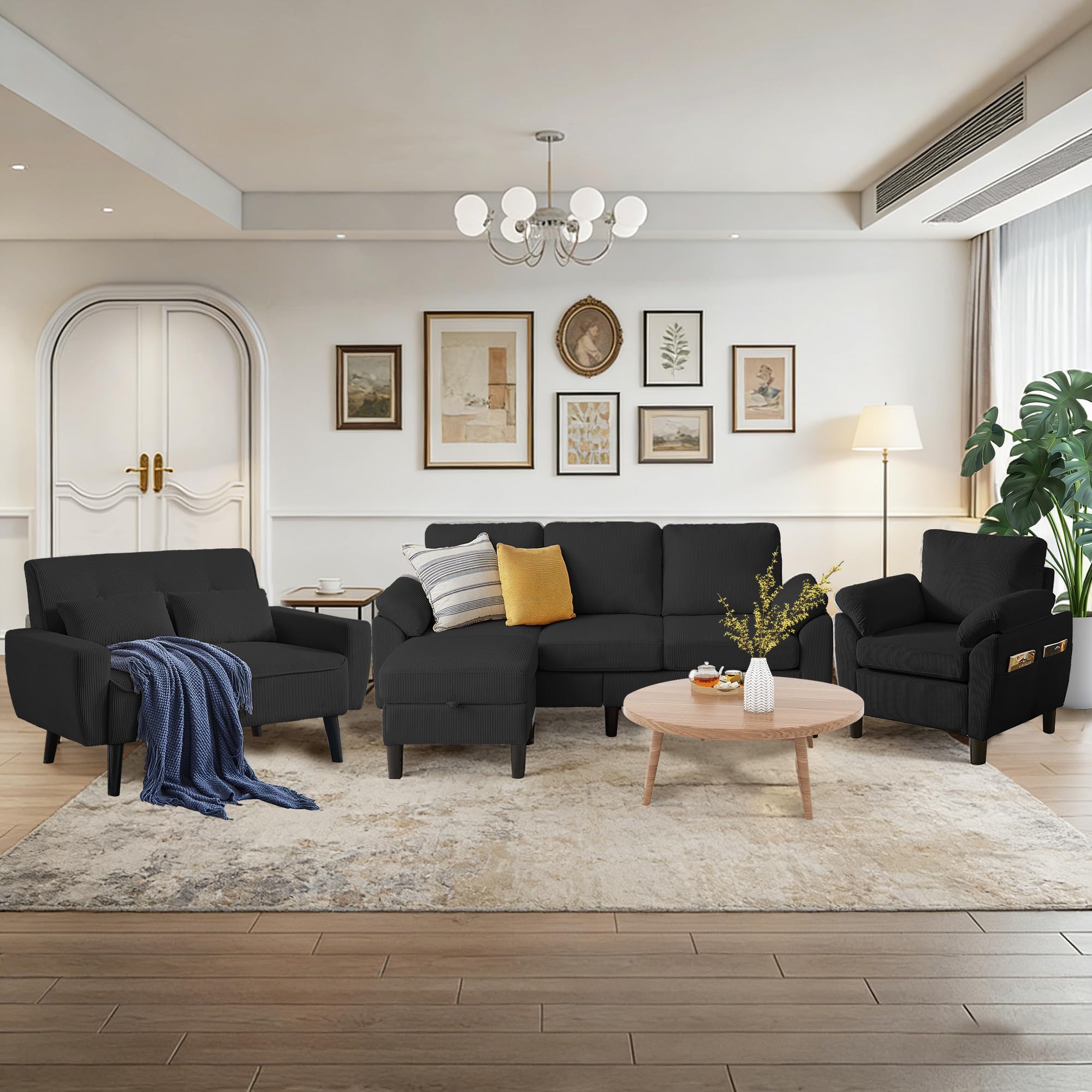 Firmacielu 4 Pieces Corduroy Living Room Sets with Sofa, Ottoman and Loveseat