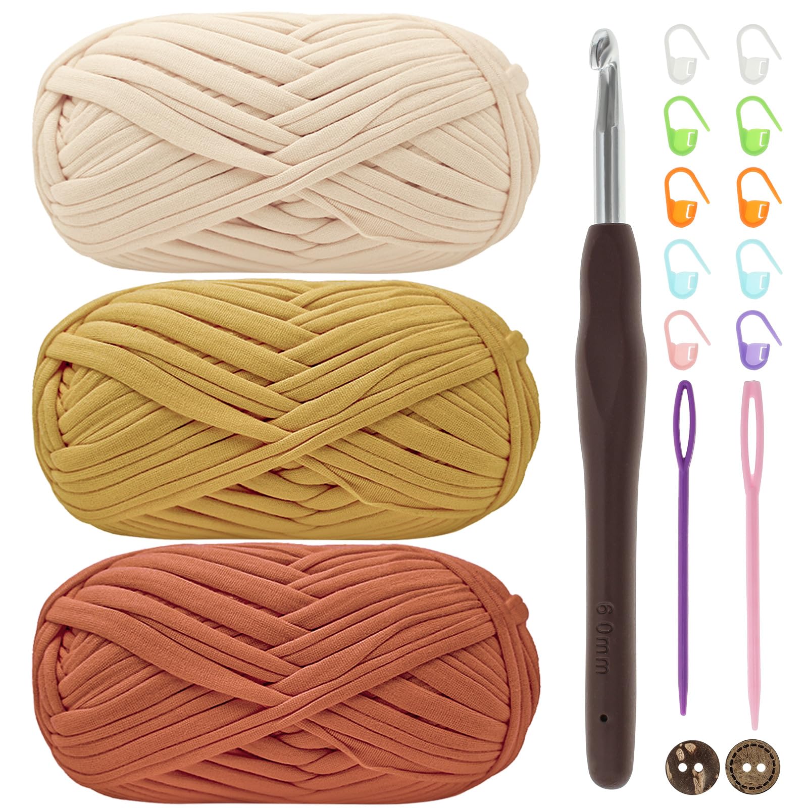 T-Shirt Yarn With 6mm Crochet Hook - 3x100g Chunky Fabric for Knitting Crocheting, Bags, Blankets, Baskets and DIY Projects