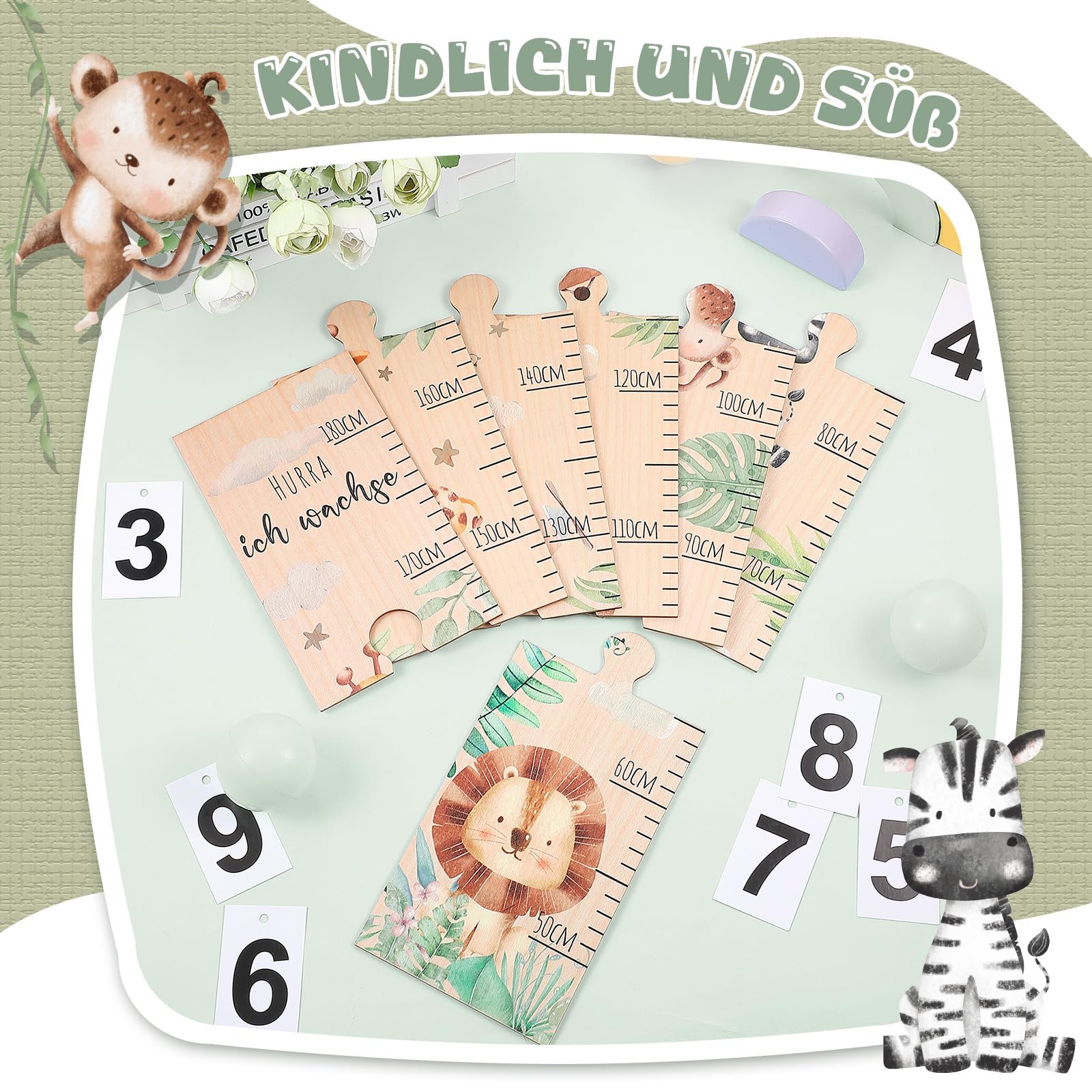 Toises pour Bébé Toise pour Enfant en Bois Tableau de Mesures pour Bébé Cadeau de Naissance Toise Murale Hurra Ich Wachse Décoration de Chambre(Animaux de Forêt)