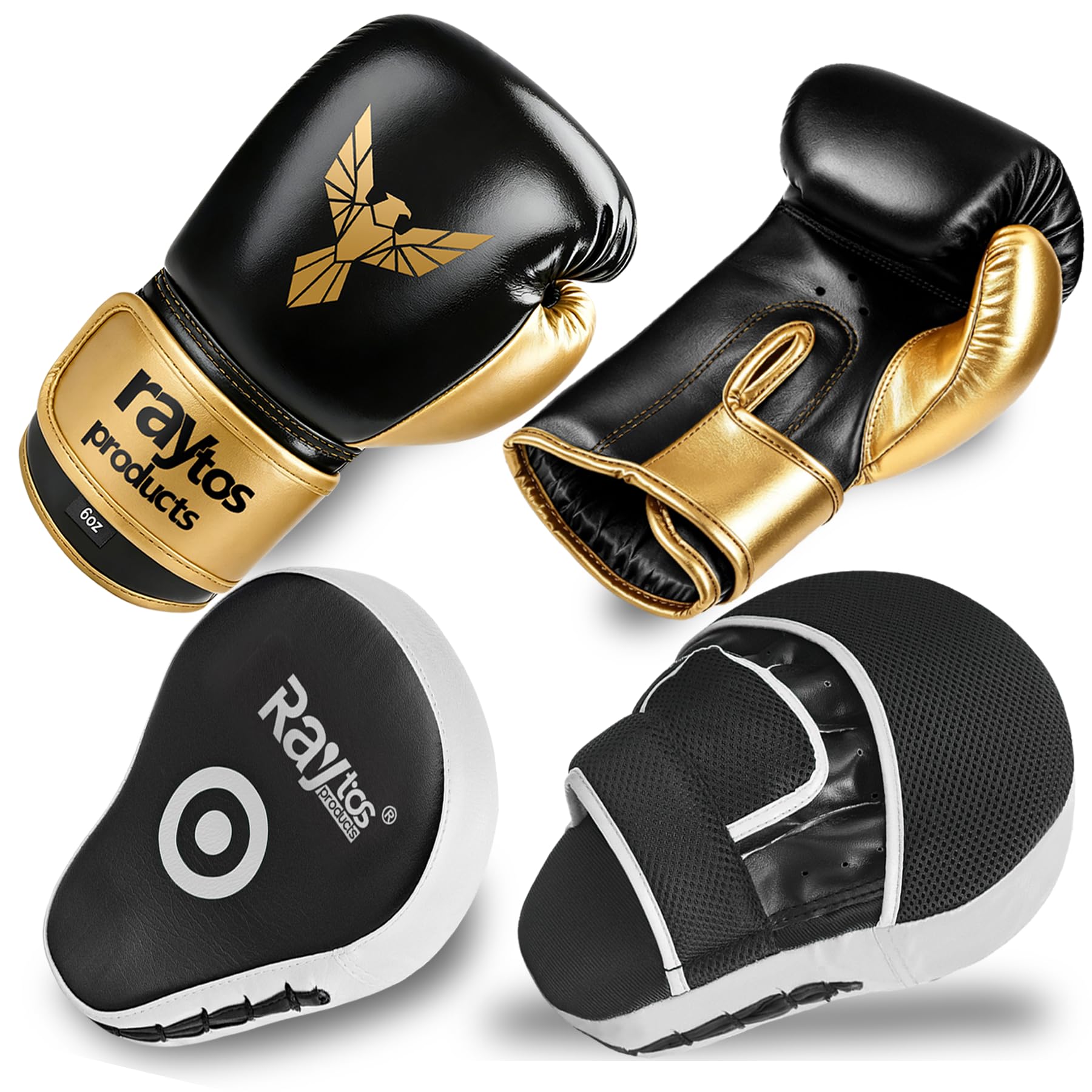 Kids Boxing Gloves Set (Punching Pad) 6oz Junior Training Equipment Muay Thai Kickboxing MMA Beginner Focus Mitts black and gold