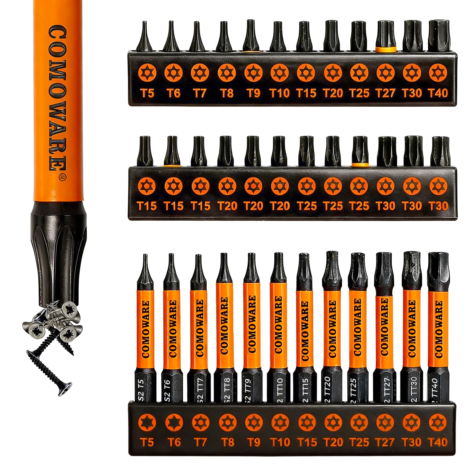 COMOWARE 36pcs Impact Torx Bit Set (TT5-TT40), S2 Steel 1/4" Allen Bit, CNC Security Torx Set, 1&amp;2" Screwdriver Set, Tamper-Proof Star Screwdriver Set with Storage Box
