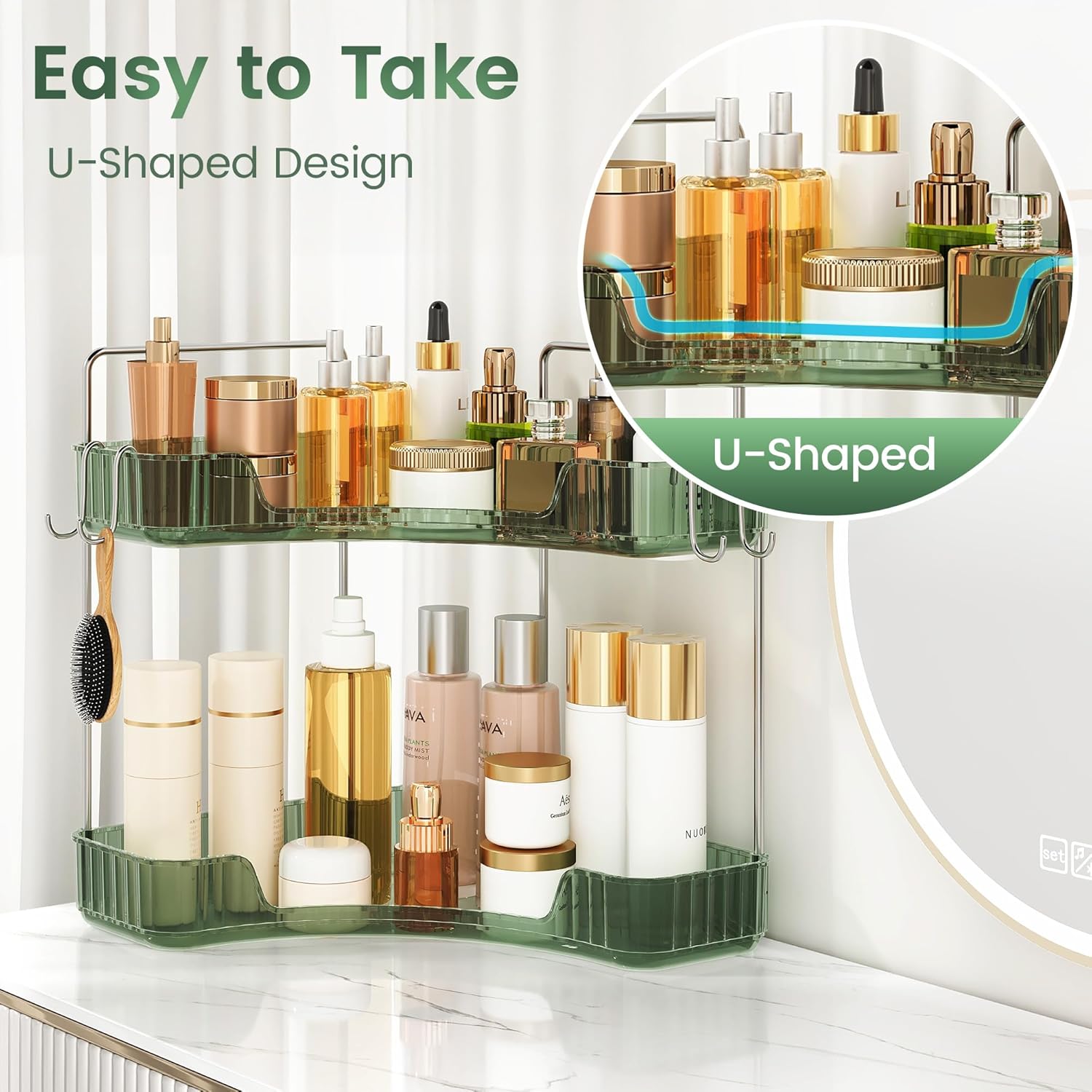 Corner Counter Organizer, 2-Tier Bathroom & Kitchen Storage Tray with Hooks | PET Green Vanity Organizer for Skincare, Makeup & Jewelry