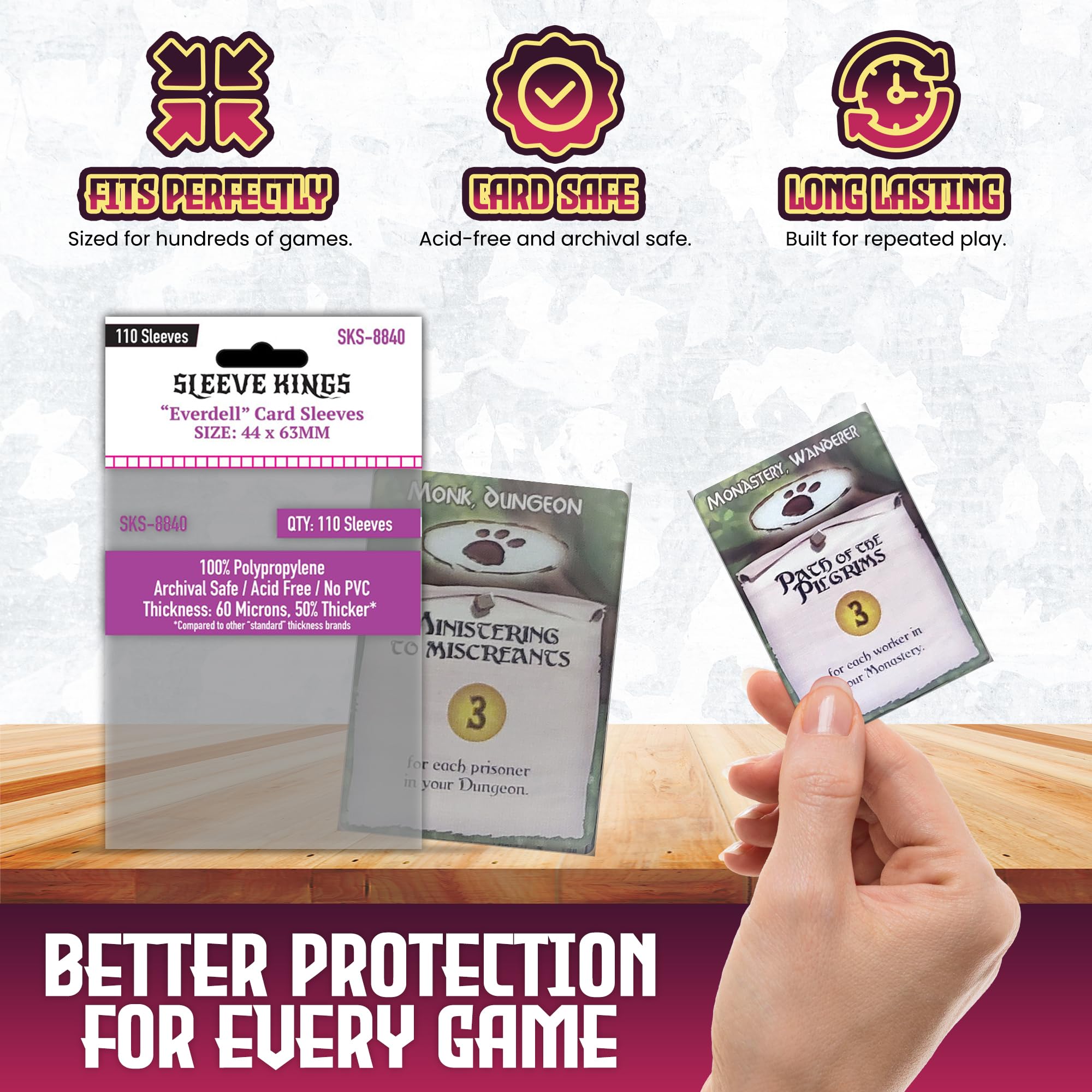 Amazon.com: Sleeve Kings Everdell Mini Compatible Card Sleeves  110 Pack,  44 x 63 mm, Extra Clear 60 Micron Polypropylene, Acid-Free, PVC-Free   SKS-8840 : Toys & Games