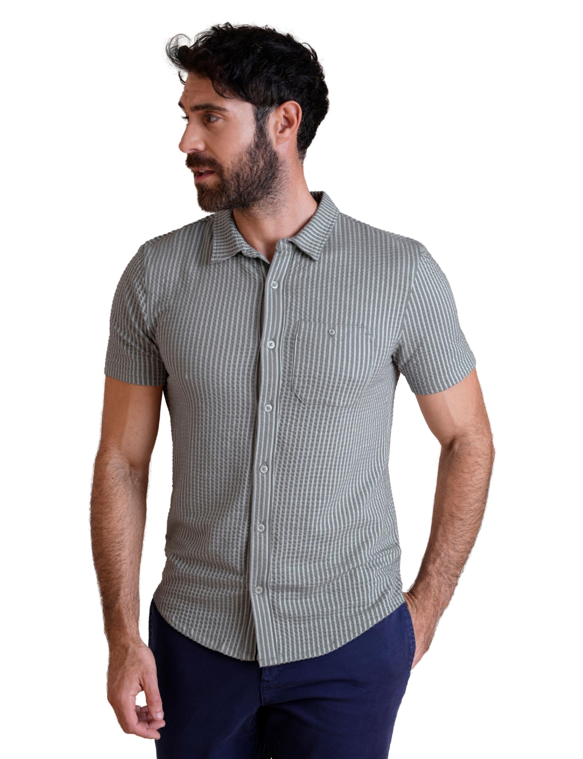 Enorsia Grey Jersey Searsucker Stripe Short Sleeve Shirt - L - 60% Cotton, 40% Polyester