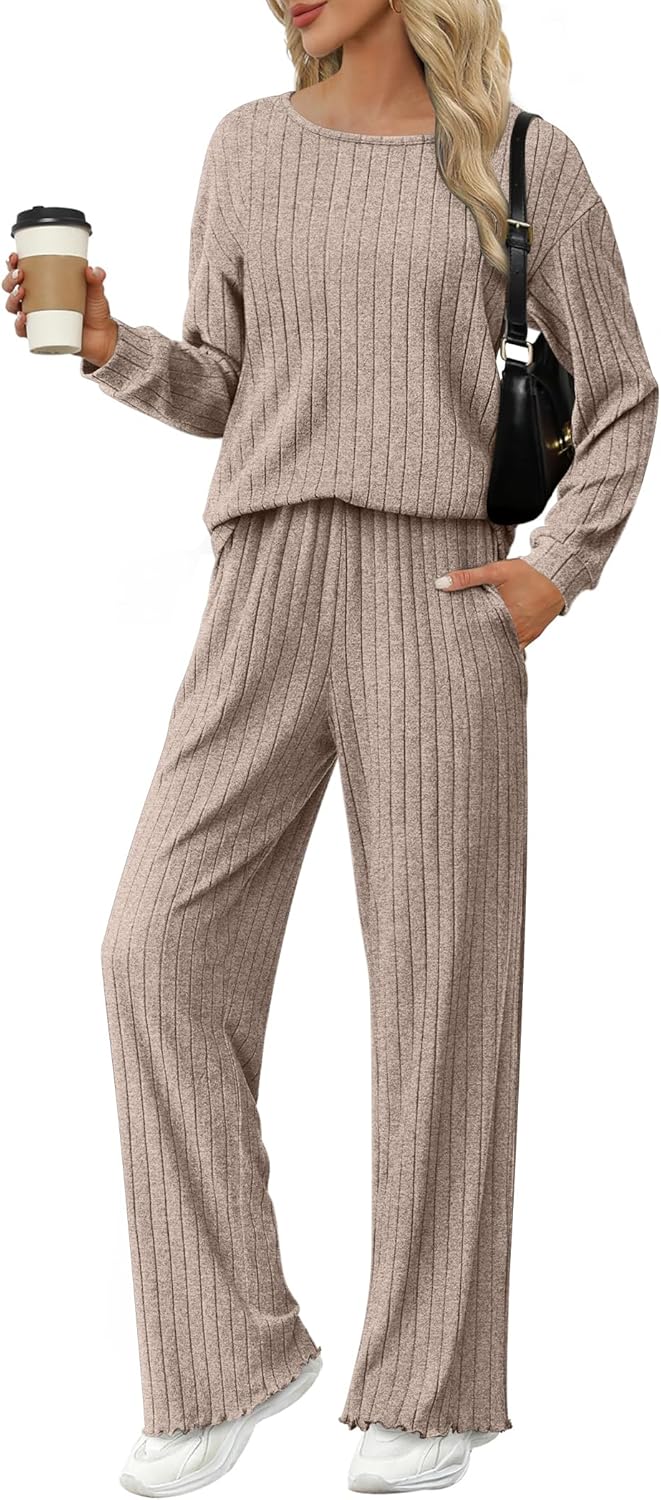 Ekouaer Lounge Sets for Women Comfy Ribbed Knit Pajamas Fall Long Sleeve Sleepwear 2 Piece Casual Loungewear,S-XXL