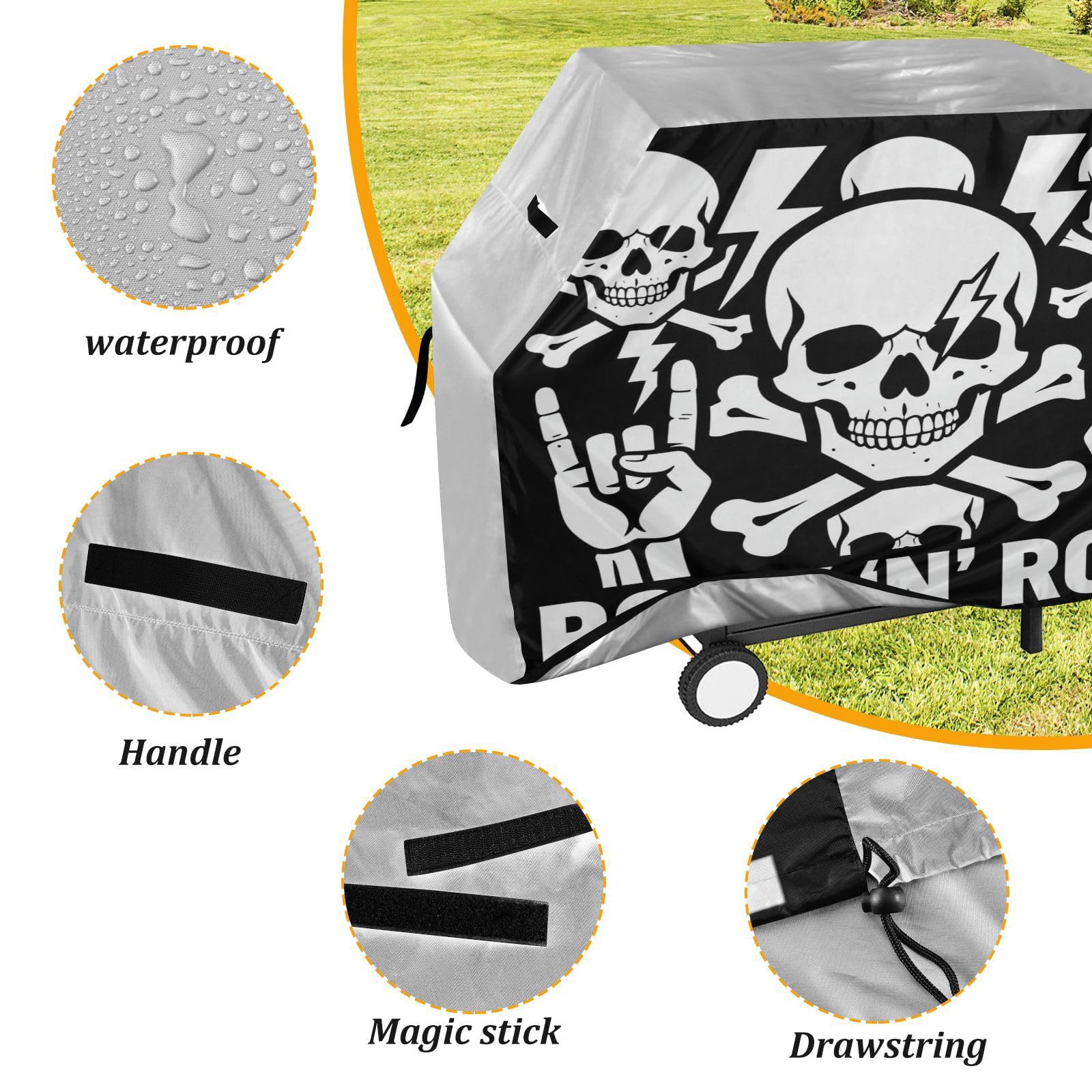 Fundas para ahumadores de 65 pulgadas, resistentes y anti-UV para exteriores, diseño de calavera Rock 'n' Roll