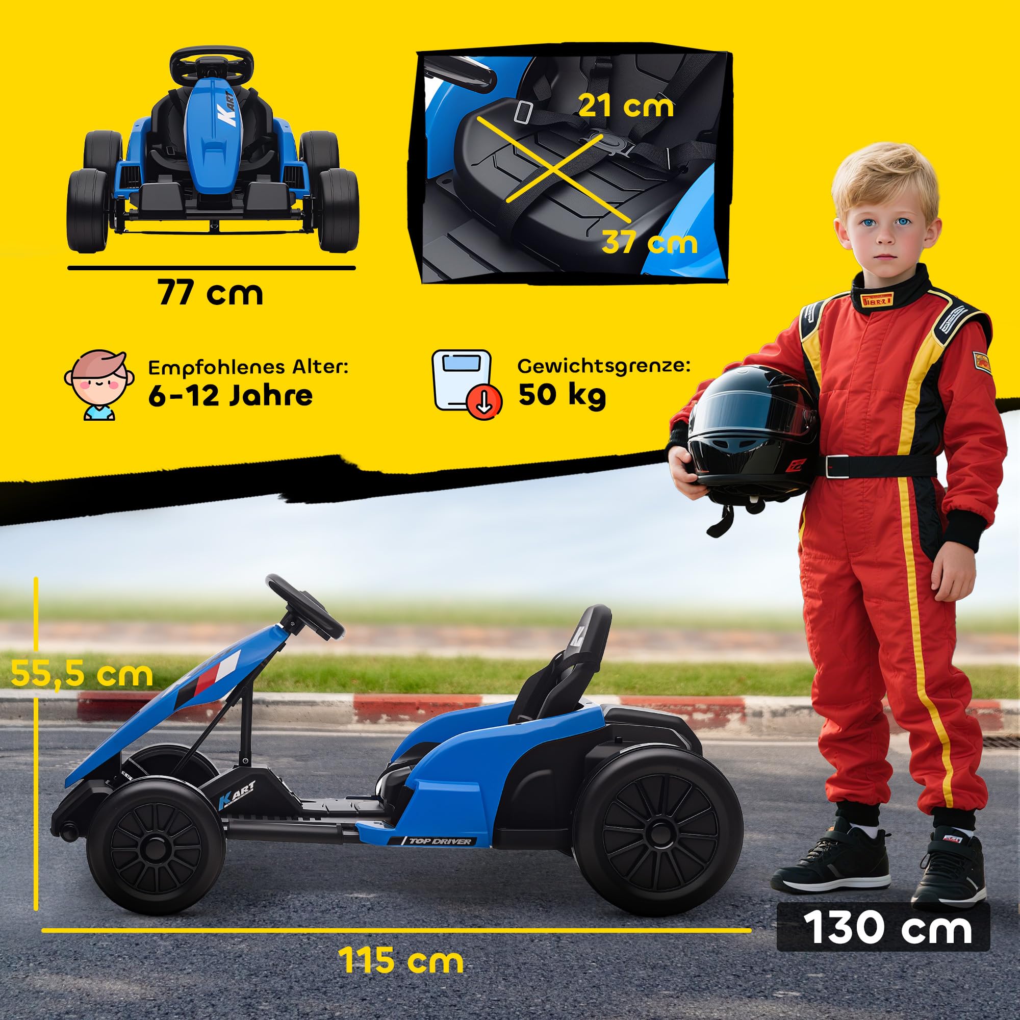 AIYAPLAY Kinder Elektro Gokart 24 V 6-18km/h Drift Kart mit 2 Motorn, Driftmodus, Verstellbarer Sitz, Go Kart mit MP3 Musik, USB-Anschluss, Sanft Start Kinderfahrzeug für 6-12 Jahre Blau