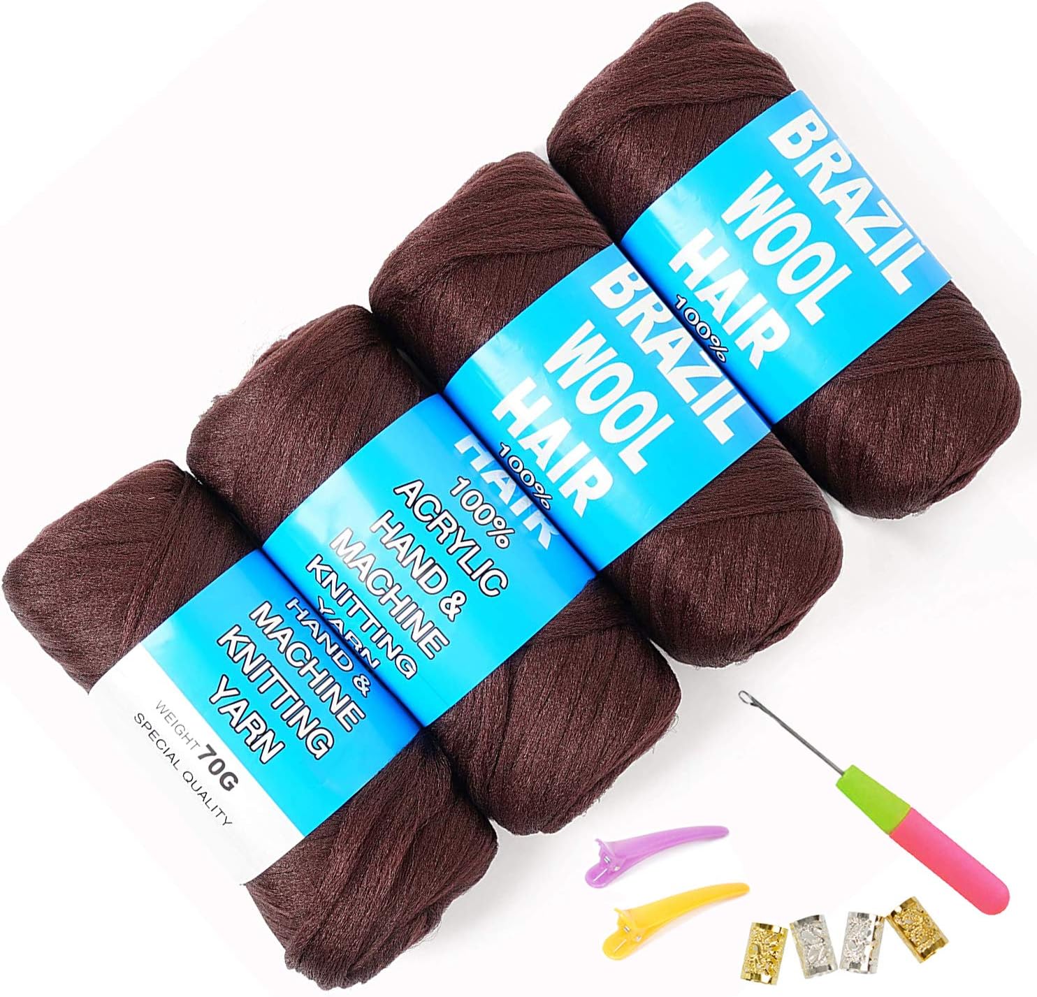 100% Brazilian Wool Hair Acrylic Yarn for African Braids/Senegalese Twist/Faux Locs/Wraps and Crochet Hook(4 Roll,Coffee Brown)
