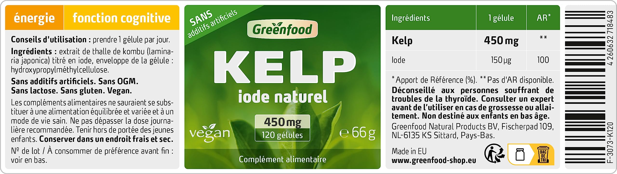 Greenfood Kelp, 450 mg, 120 gélules - pour source naturelle d'iode et la production normale d'hormones thyroïdiennes et à une fonction thyroïdienne normale. Vegan.