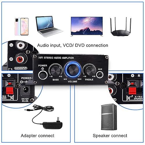 Miniatura 6 de XMSJSIY Amplificador de audio estéreo de alta fidelidad de 12 V para coche de 2 canales HiFi Bass Subwoofer Amp para coches CD DVD reproductor MP3