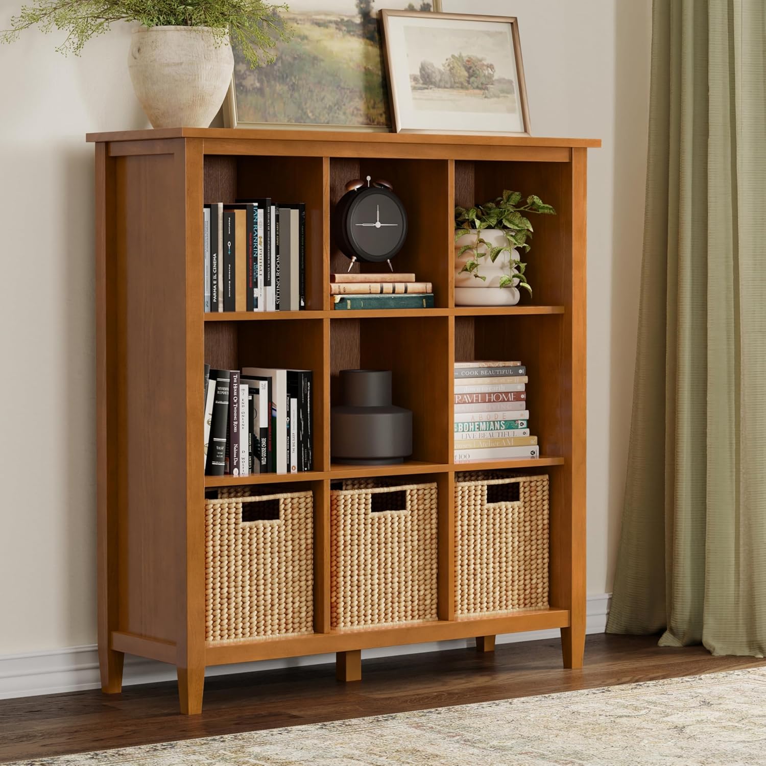 SIMPLIHOME Warm Shaker Bookcase - 48 inch Tall 9-Cube Solid Wood Cube Organizer in Light Golden Brown, Transitional Storage for Living Room, Study Room or Office with Fixed Shelves and Tapered Legs