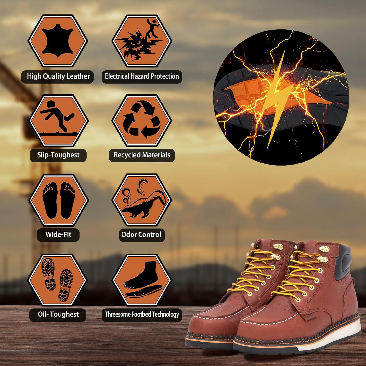 MWORK Men's 6 Inch Soft Moc Toe Work Boot, Premium Full-Grain Leather, Abrasion & Oil & Slip Toughest Wedge Sole, EH Rated, Arch Support Anti Fatigue - Image 3