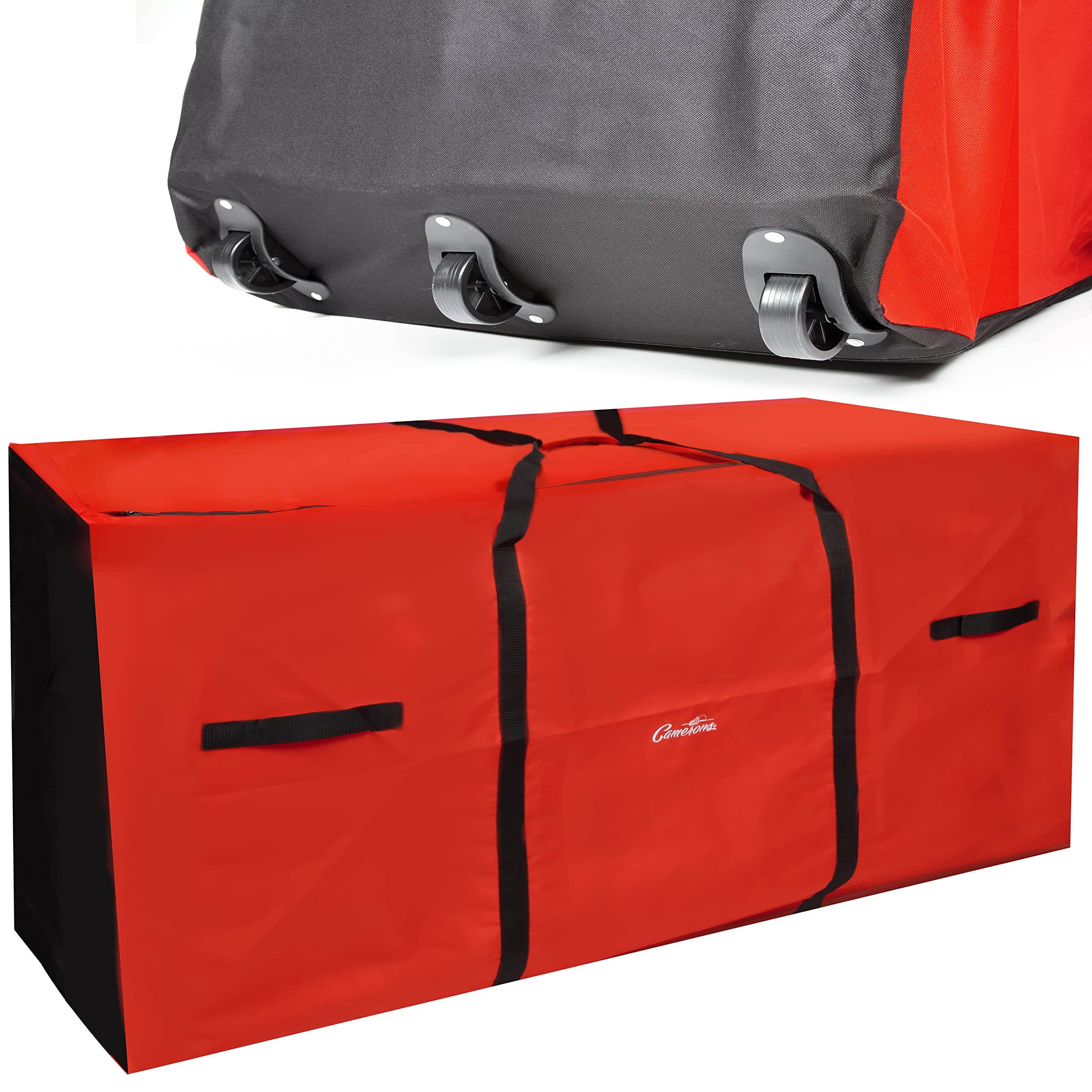 Camerons Christmas Tree Storage Bag - Rolling w Wheels, Fits up to 9 ft Tall Disassembled Artificial Holiday Trees - Heavy Duty 58"x24"x34" Storage Container w Durable Handles and Tight Zipper Closure